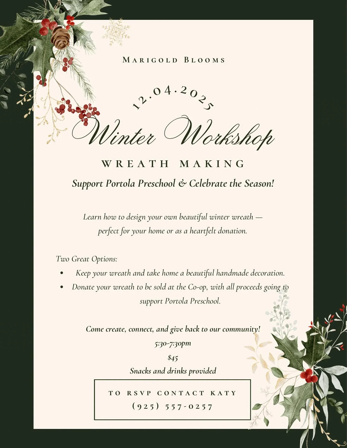 Get into the winter spirit with us! ❄️🌲
Join our Winter Wreath Workshop and help raise funds for our local preschool. Create a beautiful seasonal wreath while supporting a great cause!
Limited spots &mdash; reserve yours today! ✨#bloomyourjoy #marig
