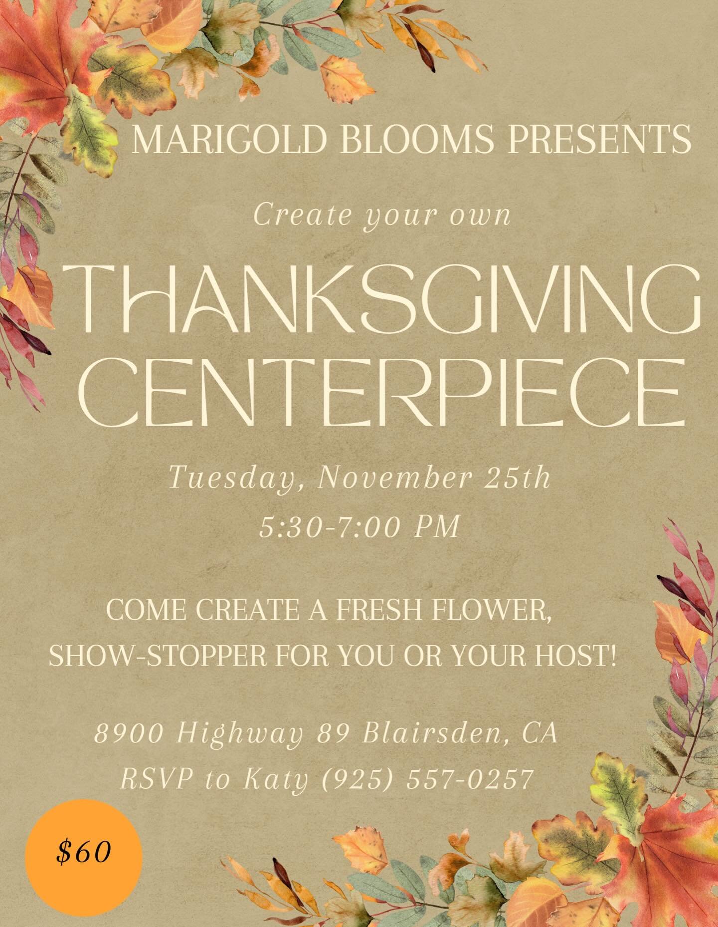 🍂 Thanksgiving Centerpiece Workshop 🍁
Join us for some festive, hands-on fun!
Whether you&rsquo;re hosting Thanksgiving or heading to a loved one&rsquo;s home, a beautiful centerpiece sets the perfect tone for gathering with family and friends.

Ca