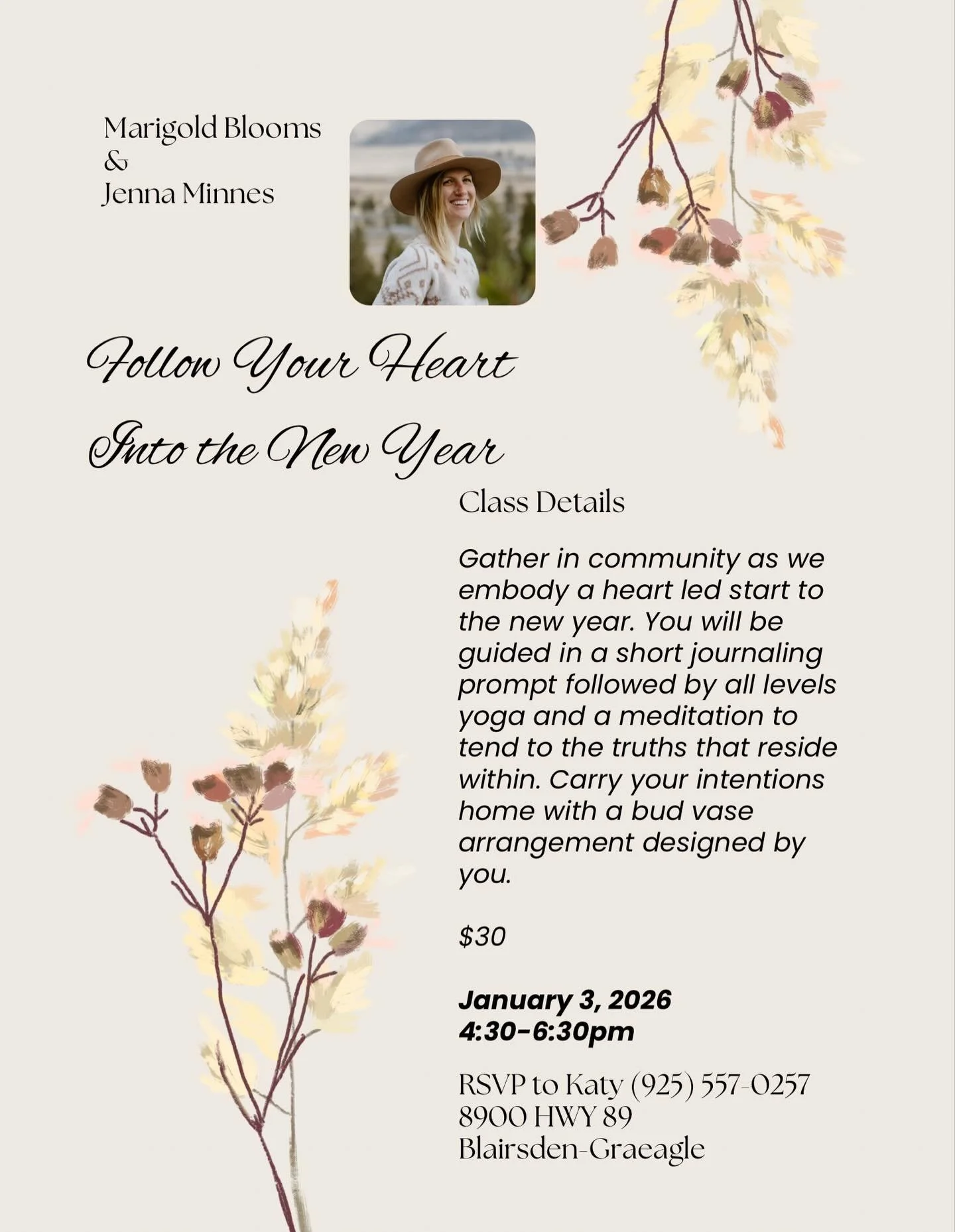 Start the New Year grounded and inspired.
Join Jenna Minnes for journaling, yoga, and meditation&mdash;followed by a hands-on bud vase experience to carry your intentions home. #bloomyourjoy #marigoldblooms #plumascounty #newyear