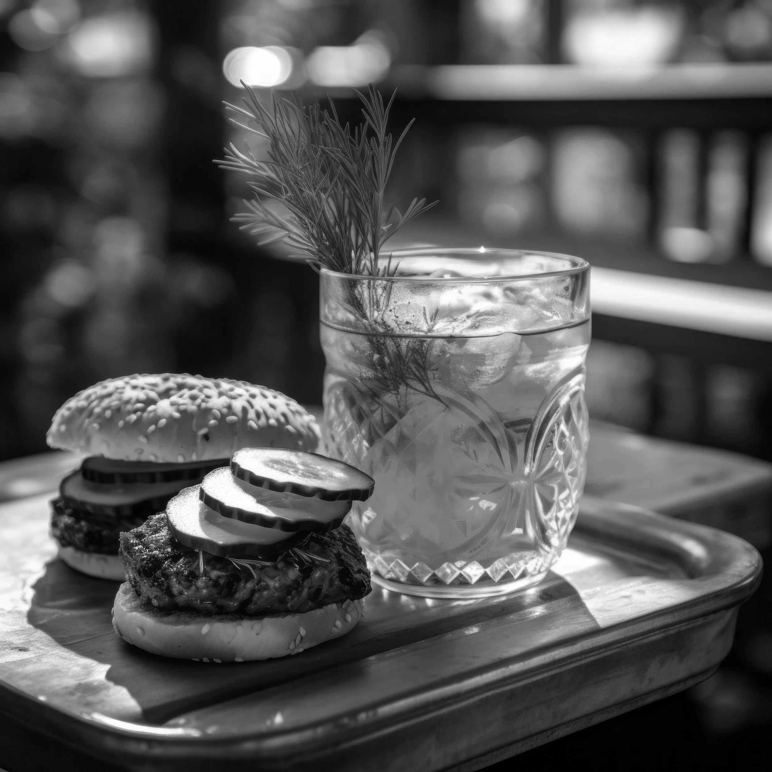 Burger with cucumbers and a cocktail with ice and herbs on a tray outdoors.