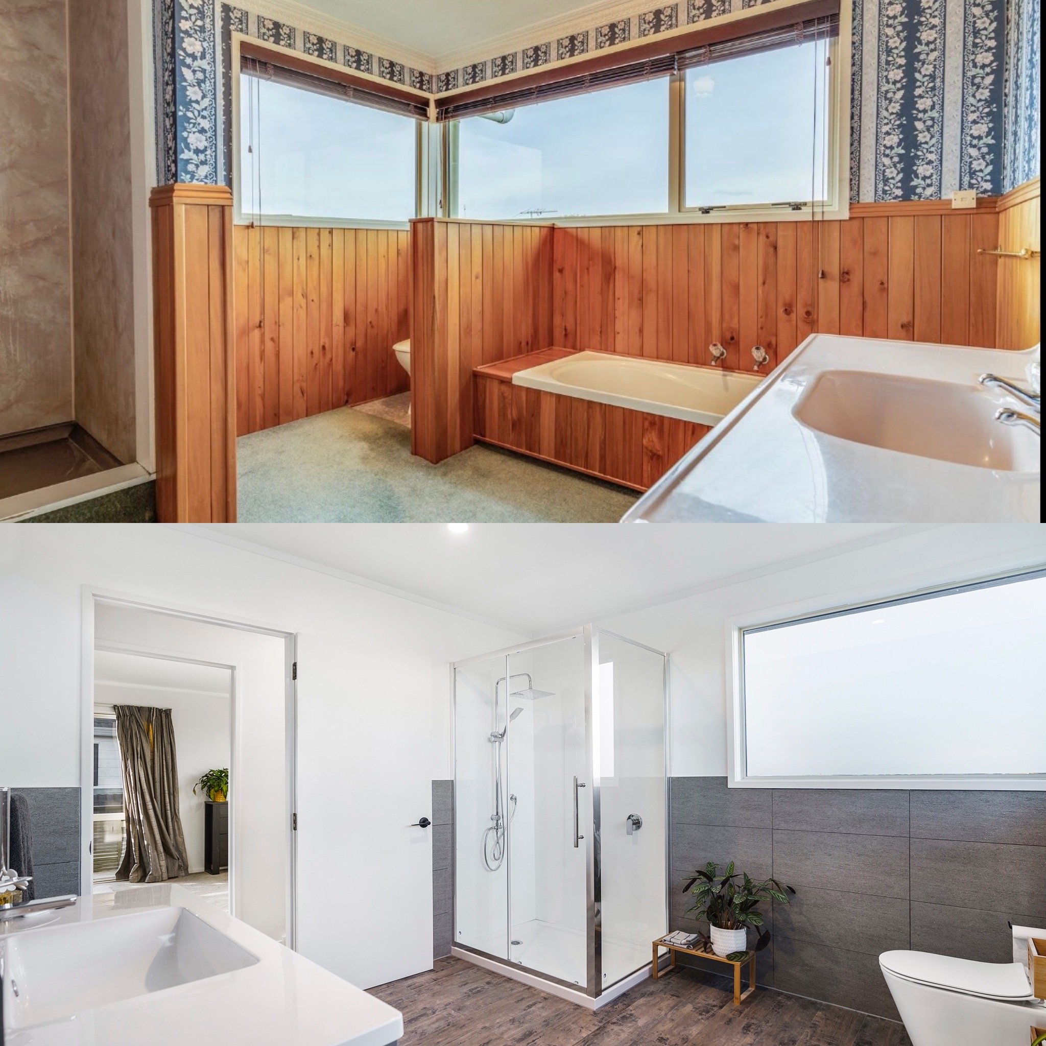 Split image of two bathrooms, an older one with wood paneling and an updated, modern one with a walk-in shower and contemporary fixtures.