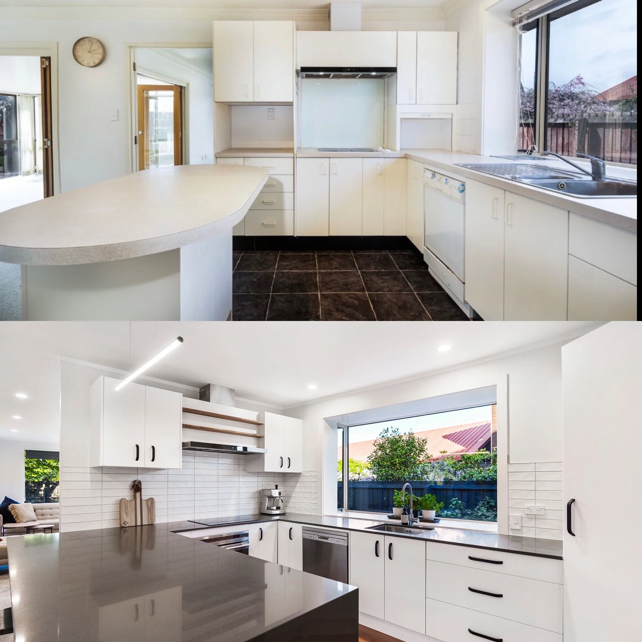 Comparison of two kitchens, the top kitchen is outdated with white cabinets, dark tiled floors, and an older stove; the bottom kitchen is modern with white cabinetry, a dark island, and bright decor.