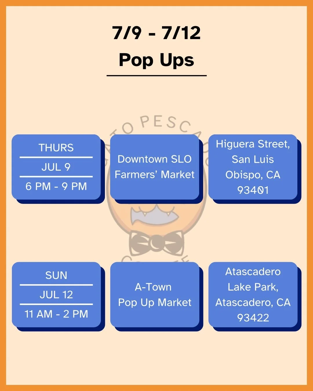Hey y&rsquo;all, after a great line up of events last week, we&rsquo;re already prepping for this week&rsquo;s. See you @downtownslofarmersmarket on July 9th and @atownpopup on July 12th. 

- The Gato Pescado Coffee Team 🐱

[San Luis Obispo County, 