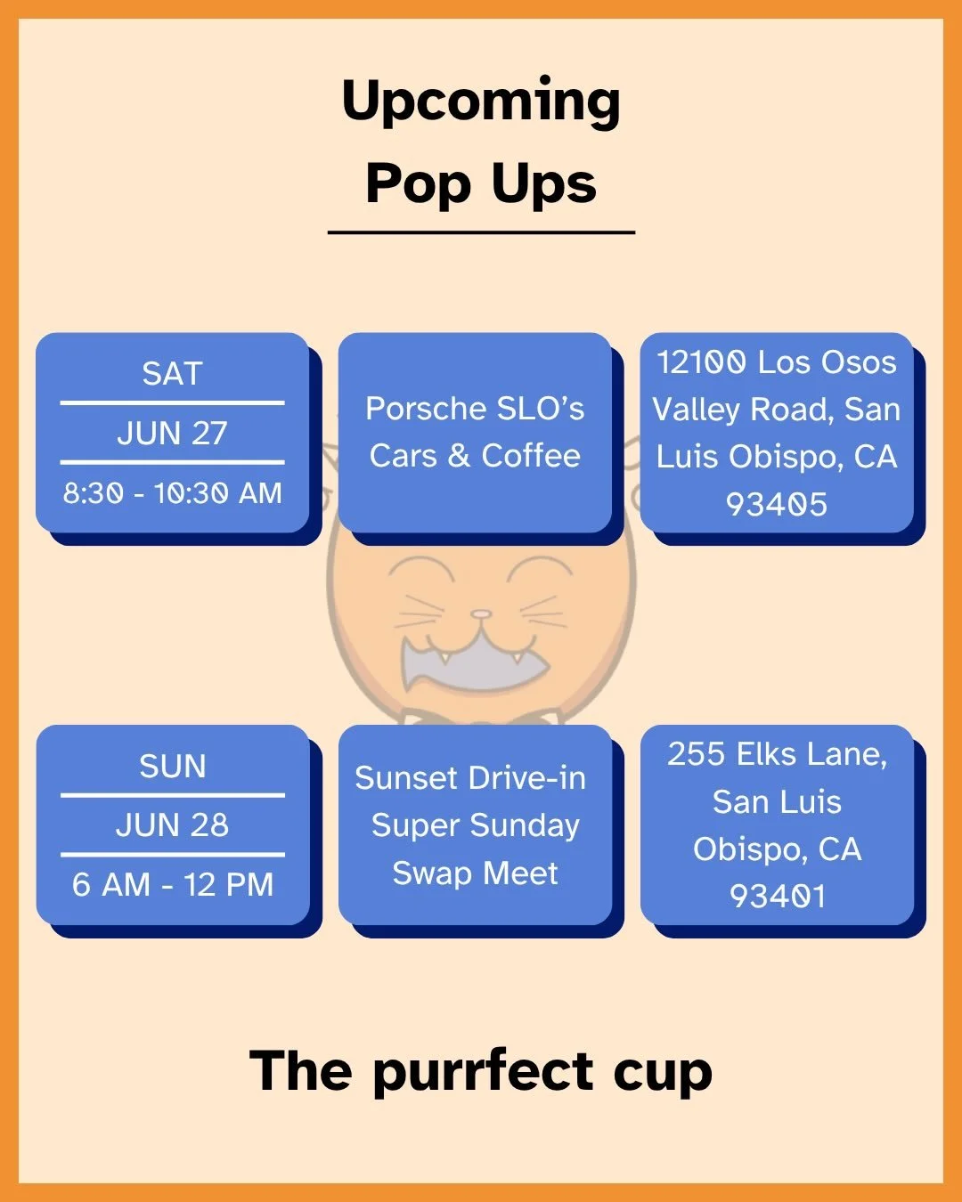 Join us this weekend as we pop up around SLO! 

On Saturday, the 27th, we&rsquo;ll be @sloporsche for Cars &amp; Coffee hosted by @carbonkhausslo 

On Sunday, the 28th, we&rsquo;ll be @sunsetdriveinslo so y&rsquo;all can sip while you shop. 

We&rsqu