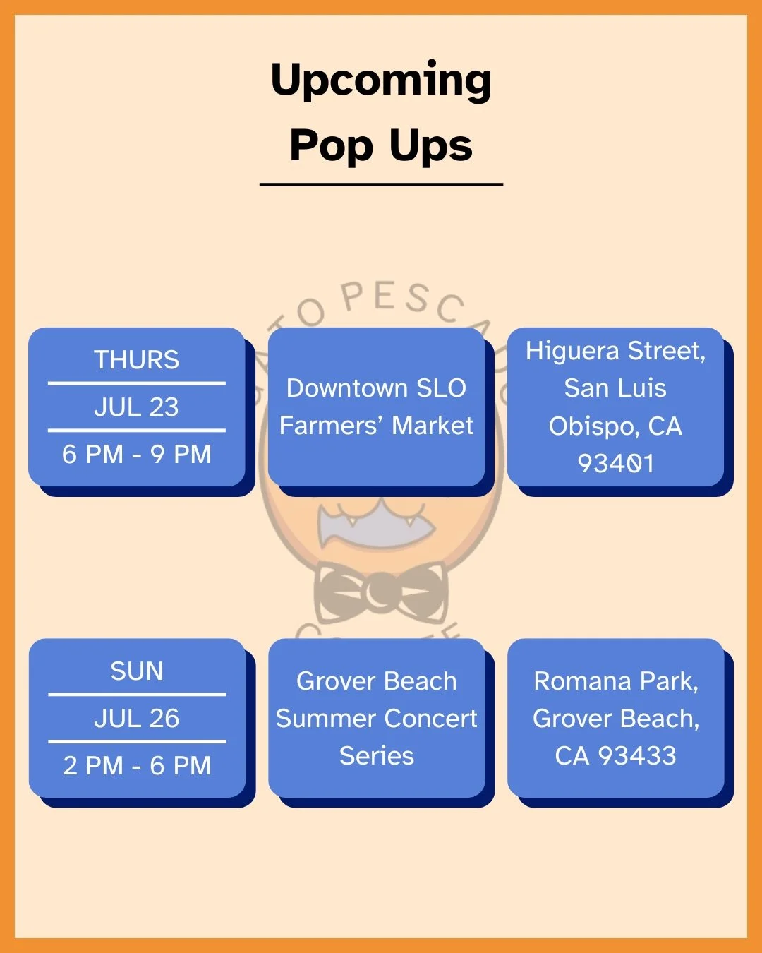 Hey y&rsquo;all here&rsquo;s our line up for this weekend. 

Thursday, July 23rd, we&rsquo;ll be @downtownslofarmersmarket from 6 PM - 9 PM in front of Flour House. 

Sunday, July 26th, we&rsquo;ll be at Ramona Garden Park in Grover Beach from 2 PM -