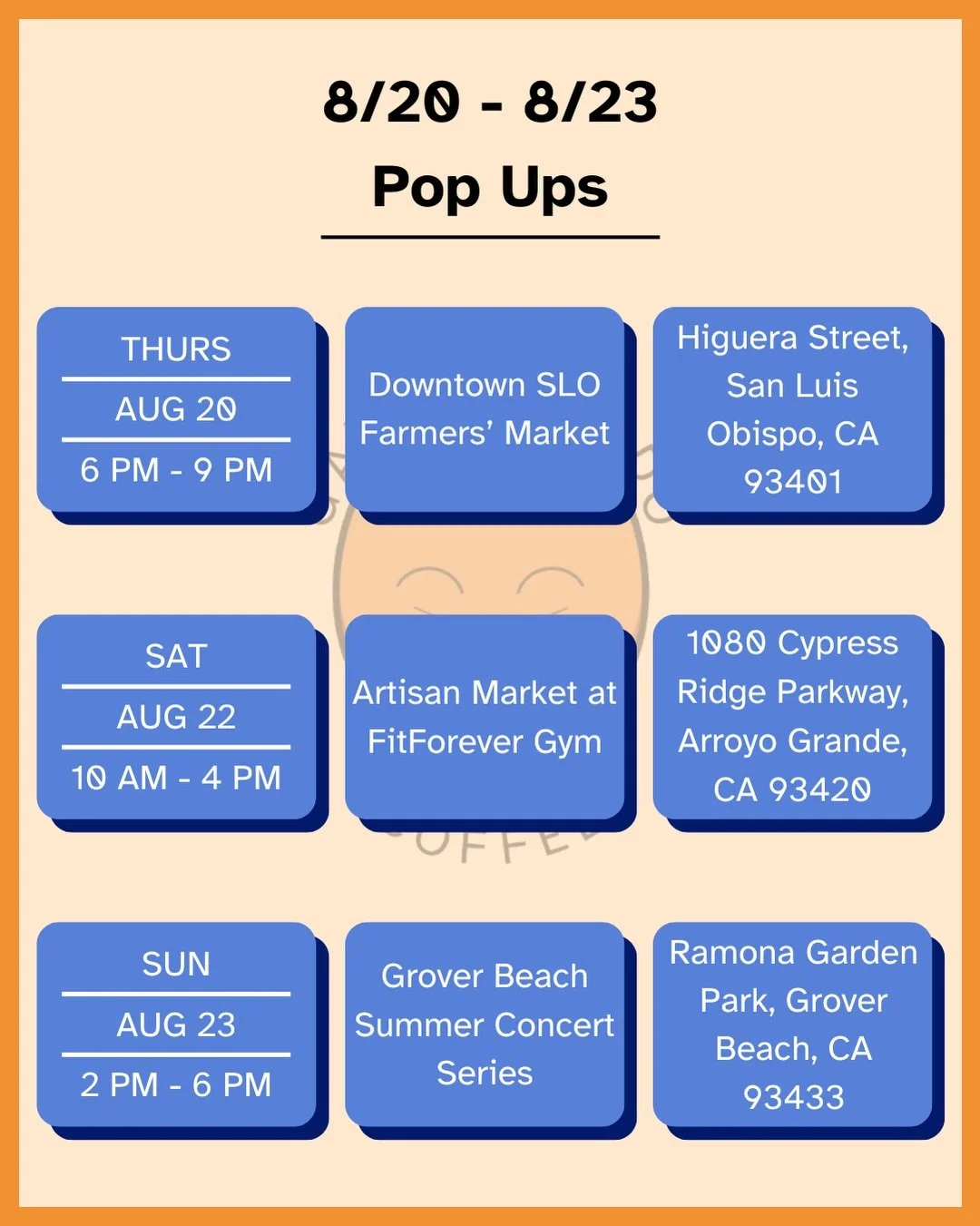 Hey y&rsquo;all, here&rsquo;s our line up for the weekend. 

Thursday, Aug 20th, we&rsquo;ll be back out @downtownslofarmersmarket from 6 - 9 pm. 

Saturday, Aug 22nd, we&rsquo;ll be at FitForever Gym at their Artisan Market from 10 AM - 4 PM. 

Sund