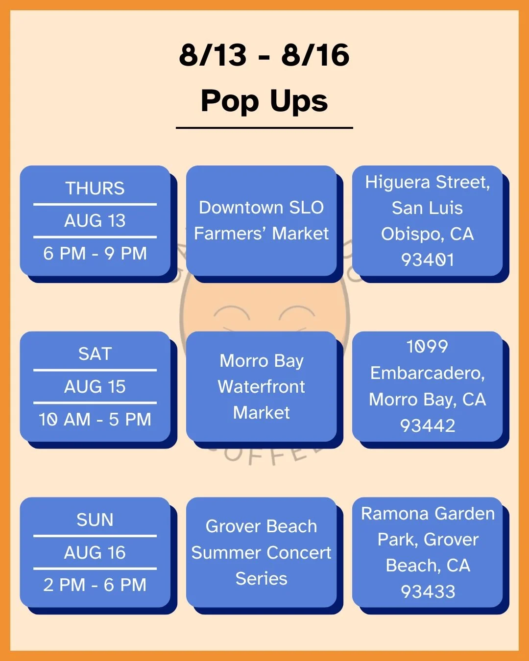 Hey y&rsquo;all come catch us this weekend at our round up of pop ups. 

Thursday August 13th, we&rsquo;ll be @downtownslofarmersmarket from 6 - 9 PM. We&rsquo;re right by Frog and Peach, right across the street from Nick the Greek. 

Saturday August