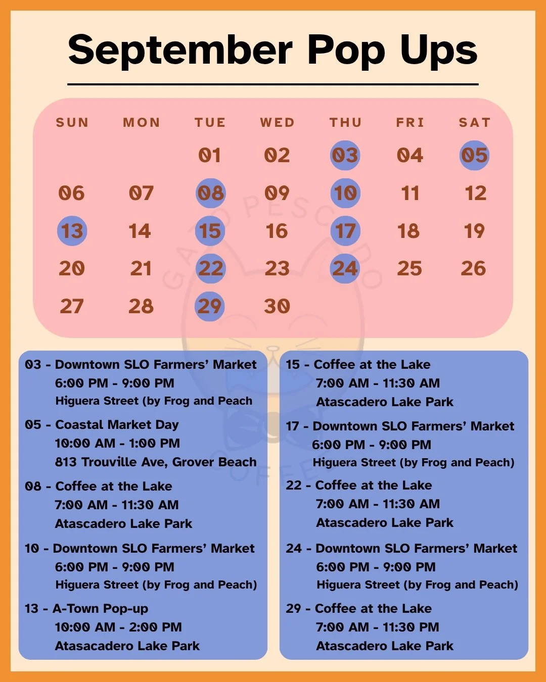 Hey y&rsquo;all, here&rsquo;s our lineup for the month. Come with us to the markets and pop-ups we&rsquo;ll be attending through out San Luis Obispo County!

You know where to find us Thursdays from 6 PM - 9 PM. We&rsquo;ll be at @downtownslofarmersm