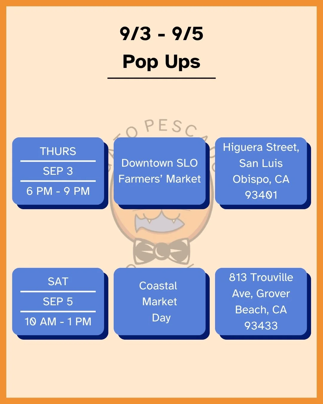 Hey y&rsquo;all, here&rsquo;s our line up for this upcoming weekend. Come get a cup and explore the markets we&rsquo;re popping up at. 

Thursday, September 3rd, we&rsquo;re @downtownslofarmersmarket from 6 PM - 9 PM on Higuera Street by Frog and Pea