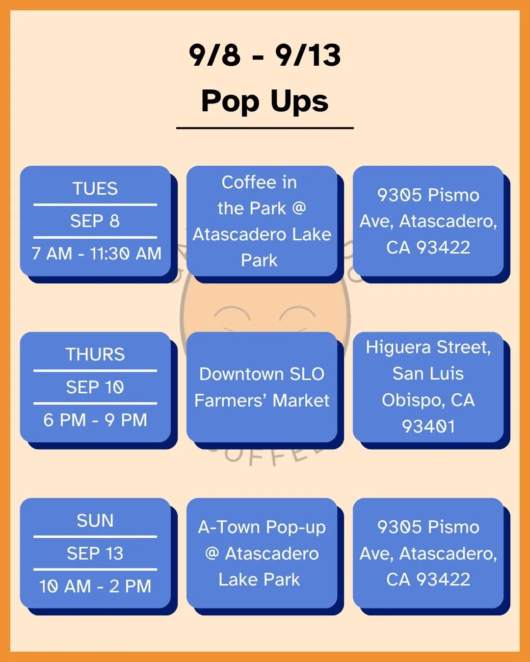 Hey y&rsquo;all, here&rsquo;s our lineup for the week!

Tuesday, September 8th, we&rsquo;ll be out at Atascadero Lake Park from 7 - 11:30 AM. We&rsquo;re excited to be part of the Coffee Vendor Pilot Program and to have the opportunity to serve the m