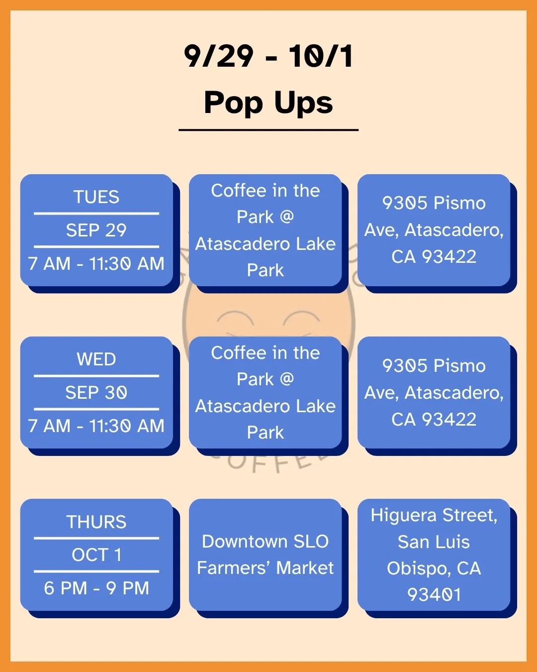 Hey y&rsquo;all, here&rsquo;s our line up for the week. It&rsquo;s the ones you know and love, but as some of y&rsquo;all saw from this past last minute Saturday Cars and Coffee, you never know where the cart will pop-up. 

Tuesday and Wednesday, Sep