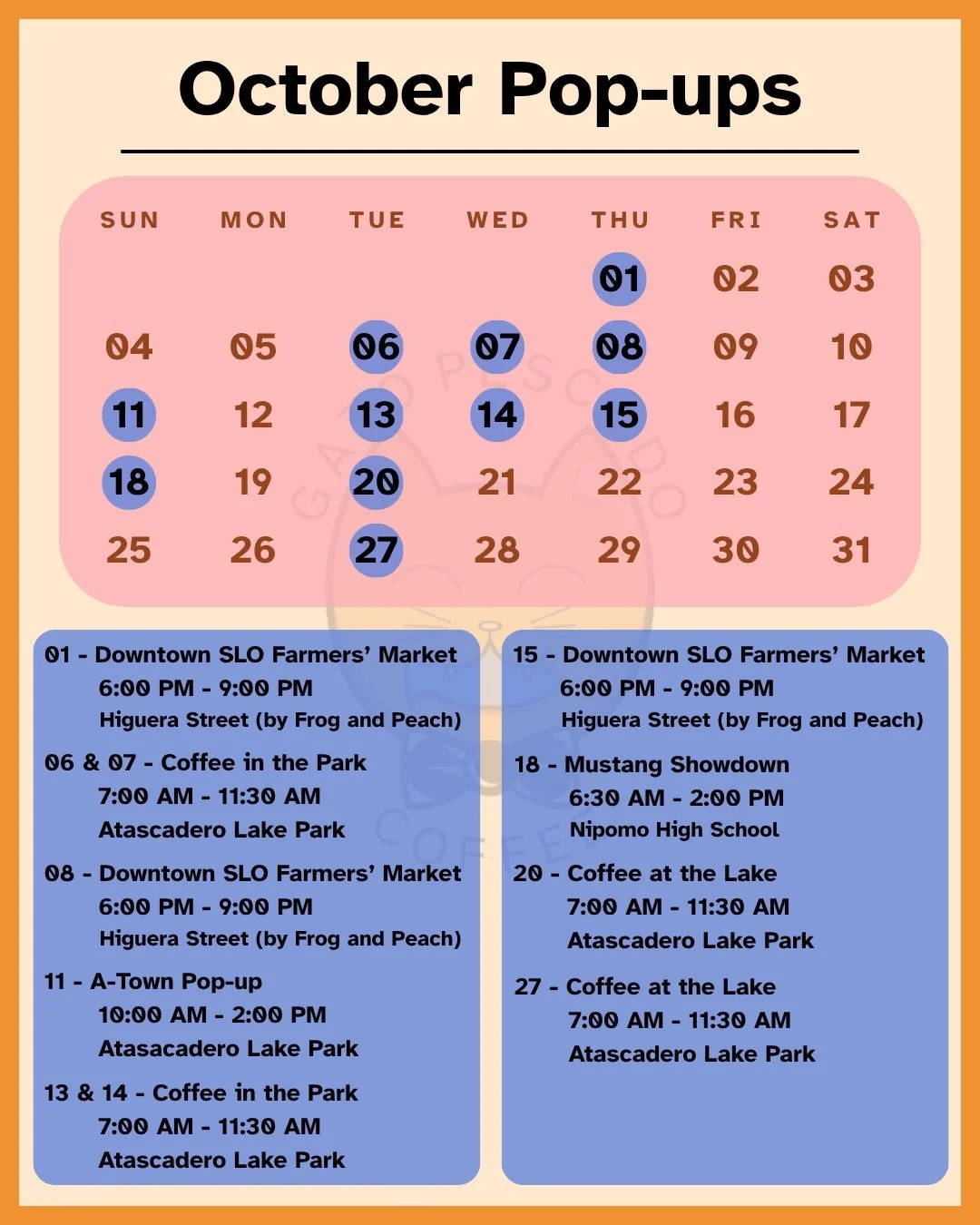 Hey y&rsquo;all here&rsquo;s our line up for the month. 

Thursdays, October 1st, 8th, and 15th, we&rsquo;ll be @downtownslofarmersmarket from 6 PM - 9 PM right by Frog and Peach. 

Tuesdays and Wednesdays, October 6th, 7th, 13th, 14th, 20th, and 27t