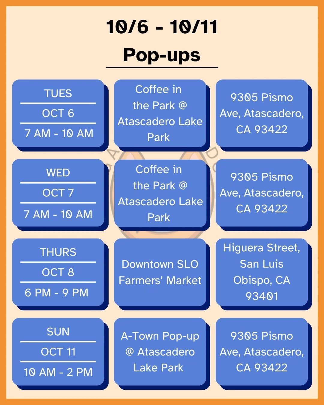 Hey y&rsquo;all, here&rsquo;s our lineup for the week! 

Tuesday and Wednesday, October 6th and 7th, we&rsquo;re out at Atascadero Lake Park from 7 AM - 10 AM. We&rsquo;ve shortened our hours for this week due to the heat, but we still wanna serve th