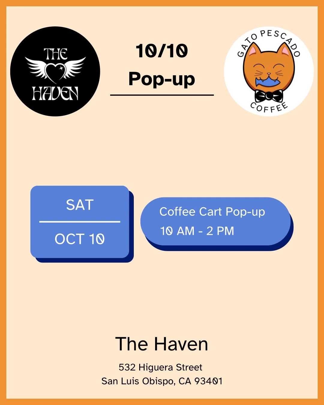 Hey y&rsquo;all, we&rsquo;ve got a surprise pop-up this Saturday, October 10th! 

Come on over to @thehavenslo at the old Fred and Betty&rsquo;s. We&rsquo;ll be serving our full menu from 10 AM - 2 PM for everyone to enjoy while they thrift. 

- The 