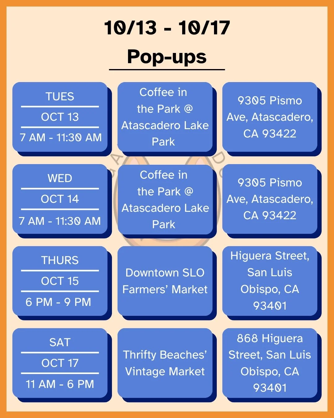 Hey y&rsquo;all, we&rsquo;re back with another weekly lineup and we&rsquo;ve got a surprise this week. 

Tuesday and Wednesday, October 13th and 14th, we&rsquo;re back at Atascadero Lake Park from 7 AM - 11:30 AM. You can catch us next to the pavilio
