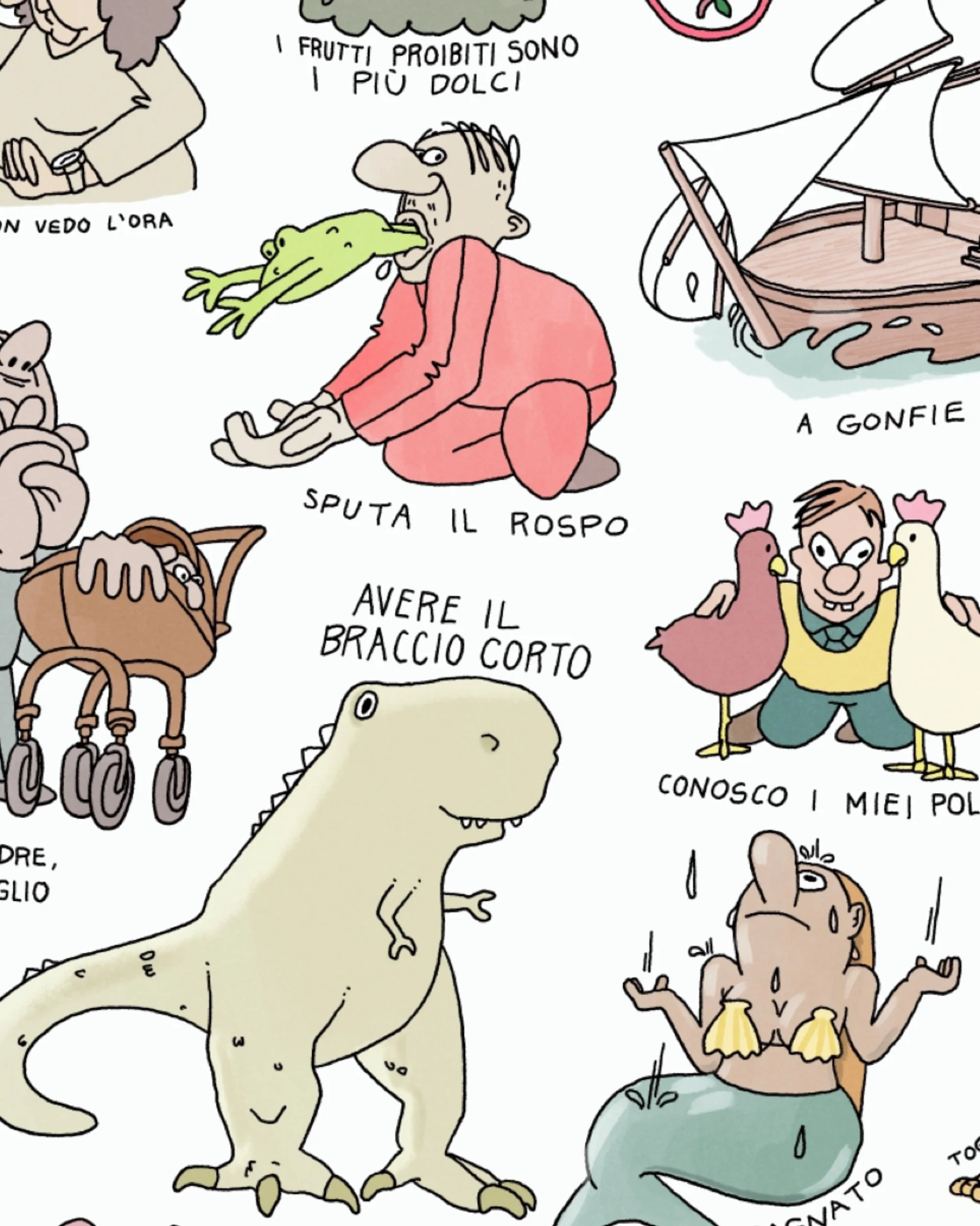 Close up of Idiomi Italian idioms poster by Piano Pianino featuring sayings like "in bocca al lupo" illustrated literally.