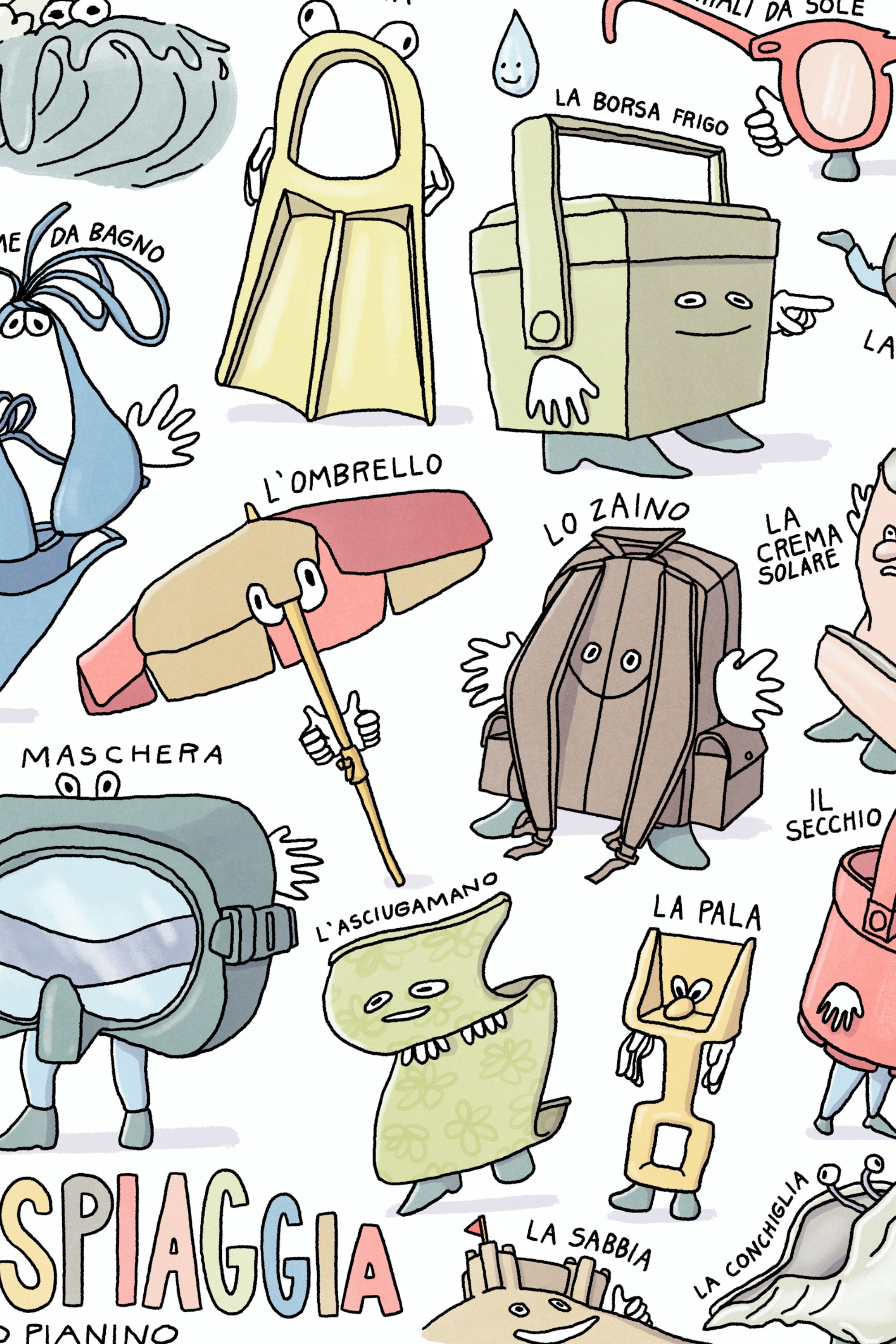 Close-up of La Spiaggia poster showing illustrated Italian words and phrases for learning, including bambini, uovo, panino, and ciao