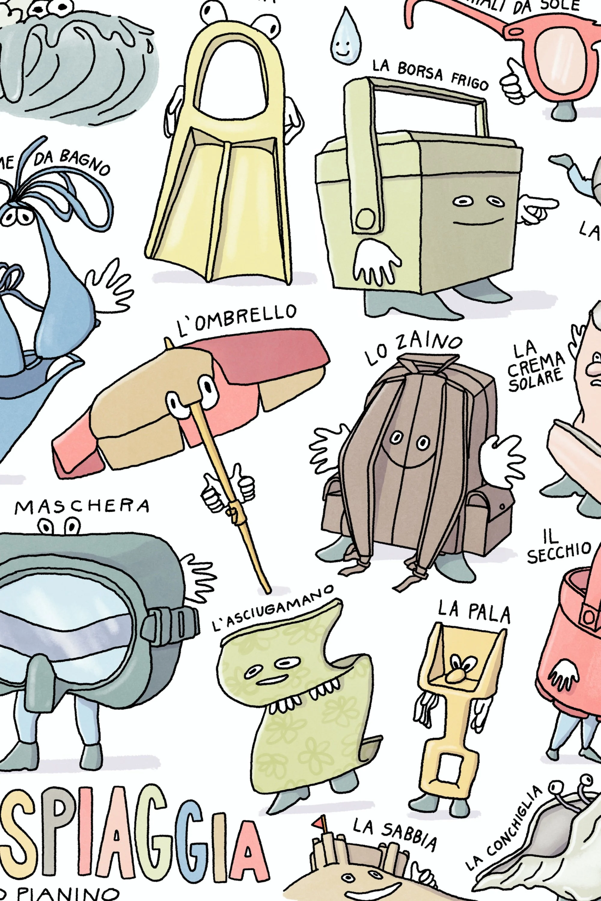 Close-up of La Spiaggia poster showing illustrated Italian words and phrases for learning, including bambini, uovo, panino, and ciao