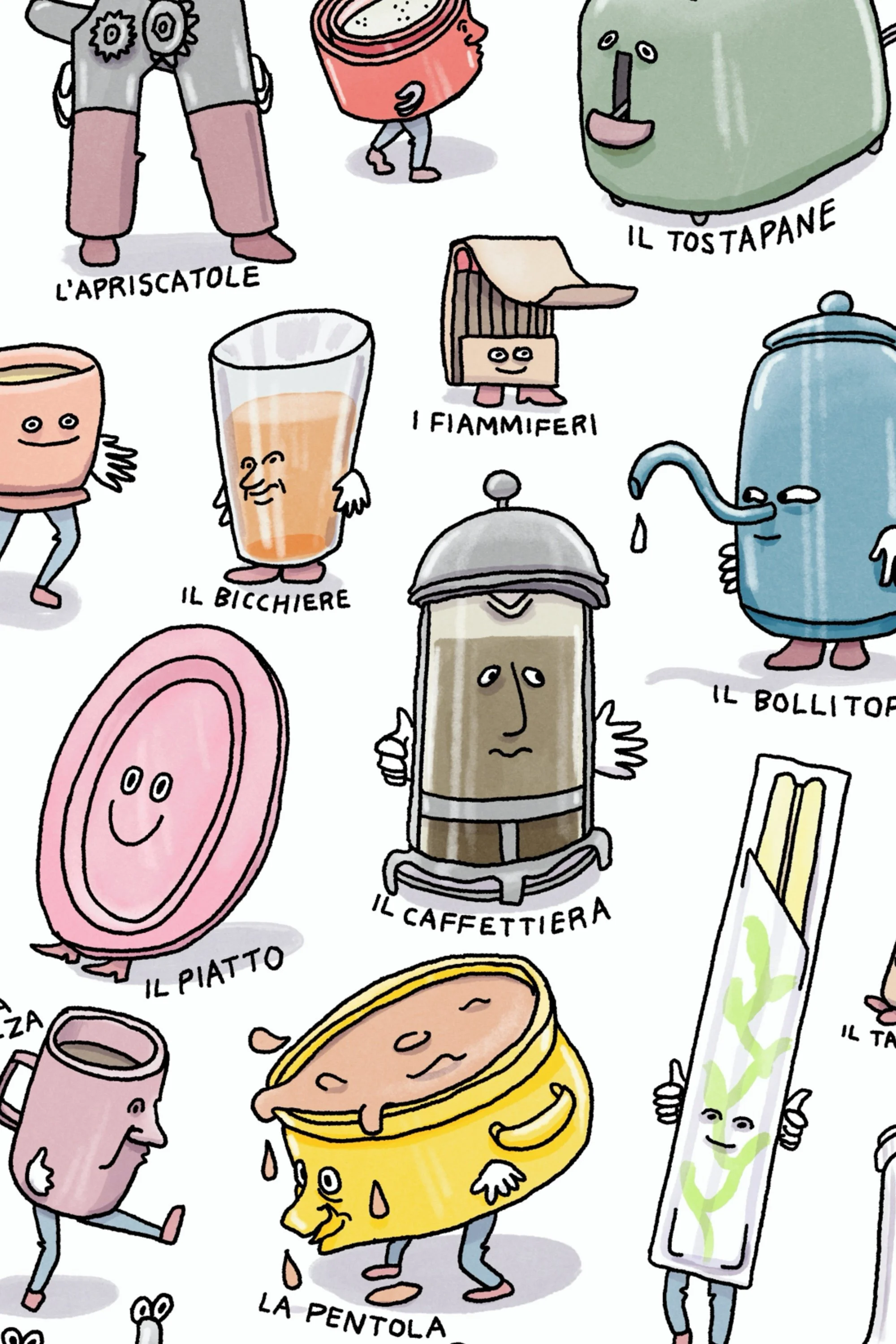 Close-up of Cucina poster showing Italian kitchen words and illustrations for language learning