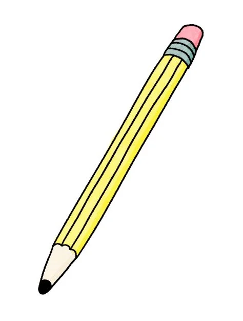 Illustration of a yellow wooden pencil with a pink eraser tip and a silver metal band.