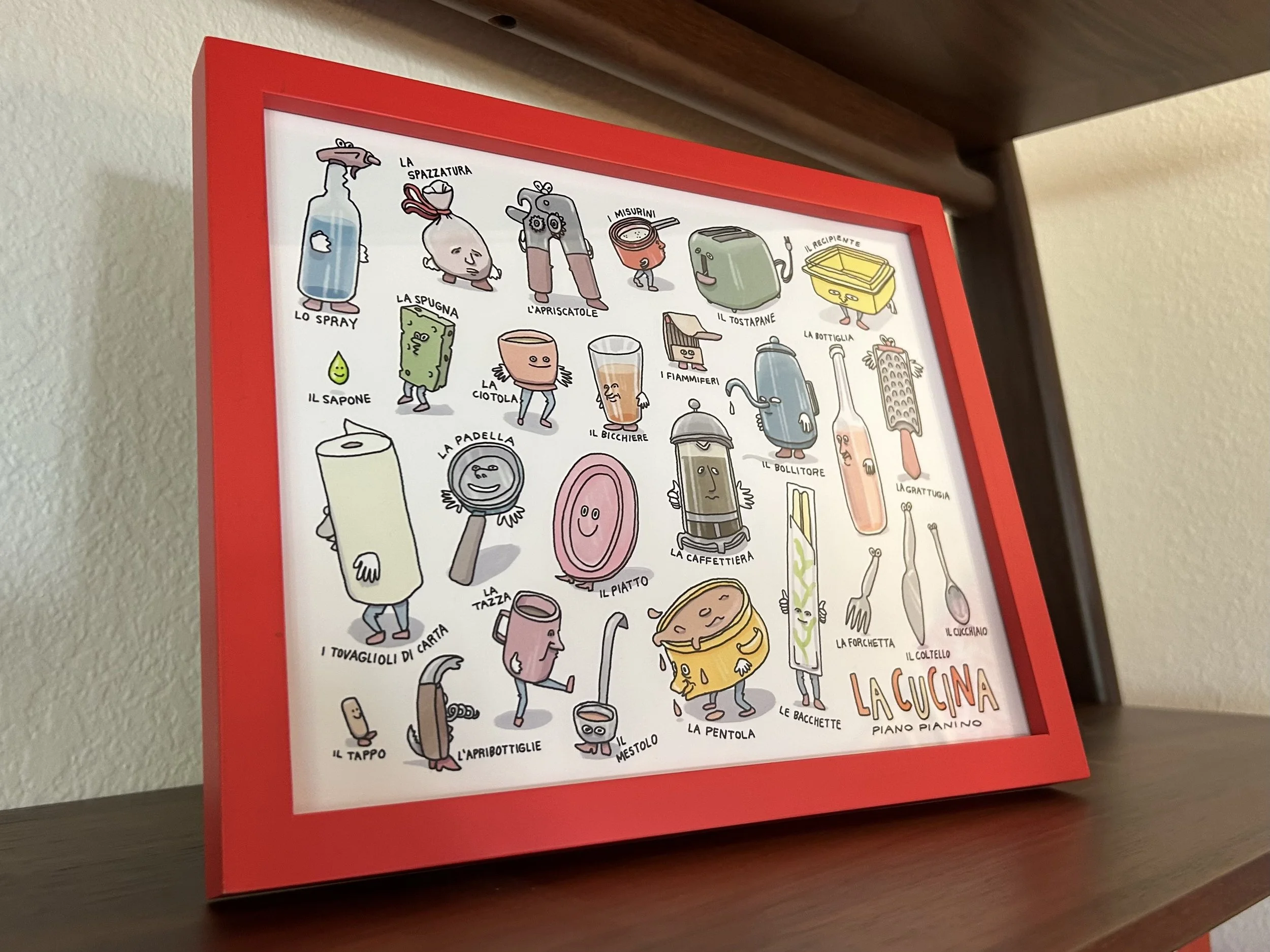 Cucina Italian food and kitchen poster displayed on a wall, Italian inspired illustrated art for kids and learners