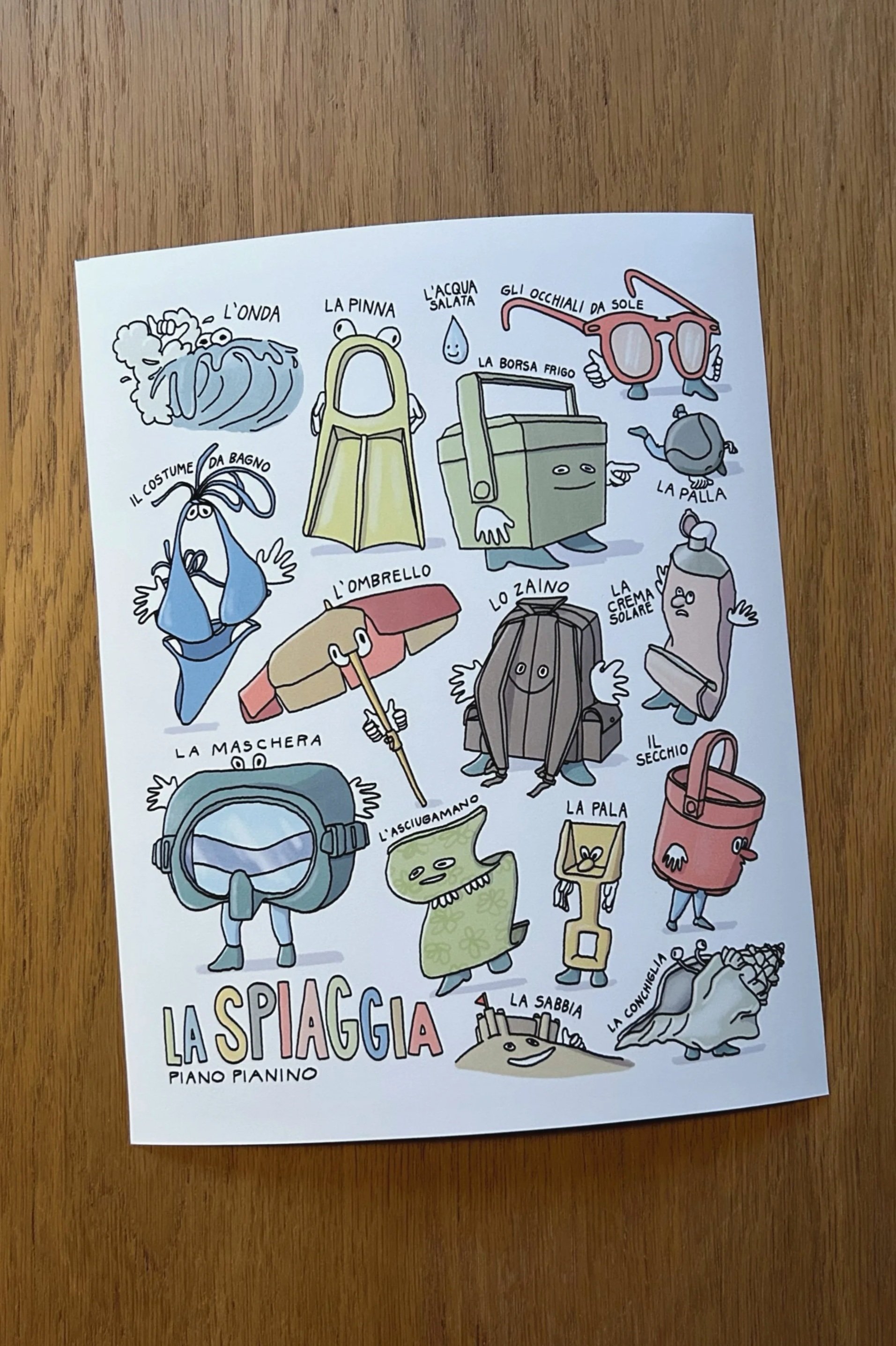 La Spiaggia poster displayed on a wall, Italian-inspired illustrated art for kids, language learning, and playful characters like cavallo and cane