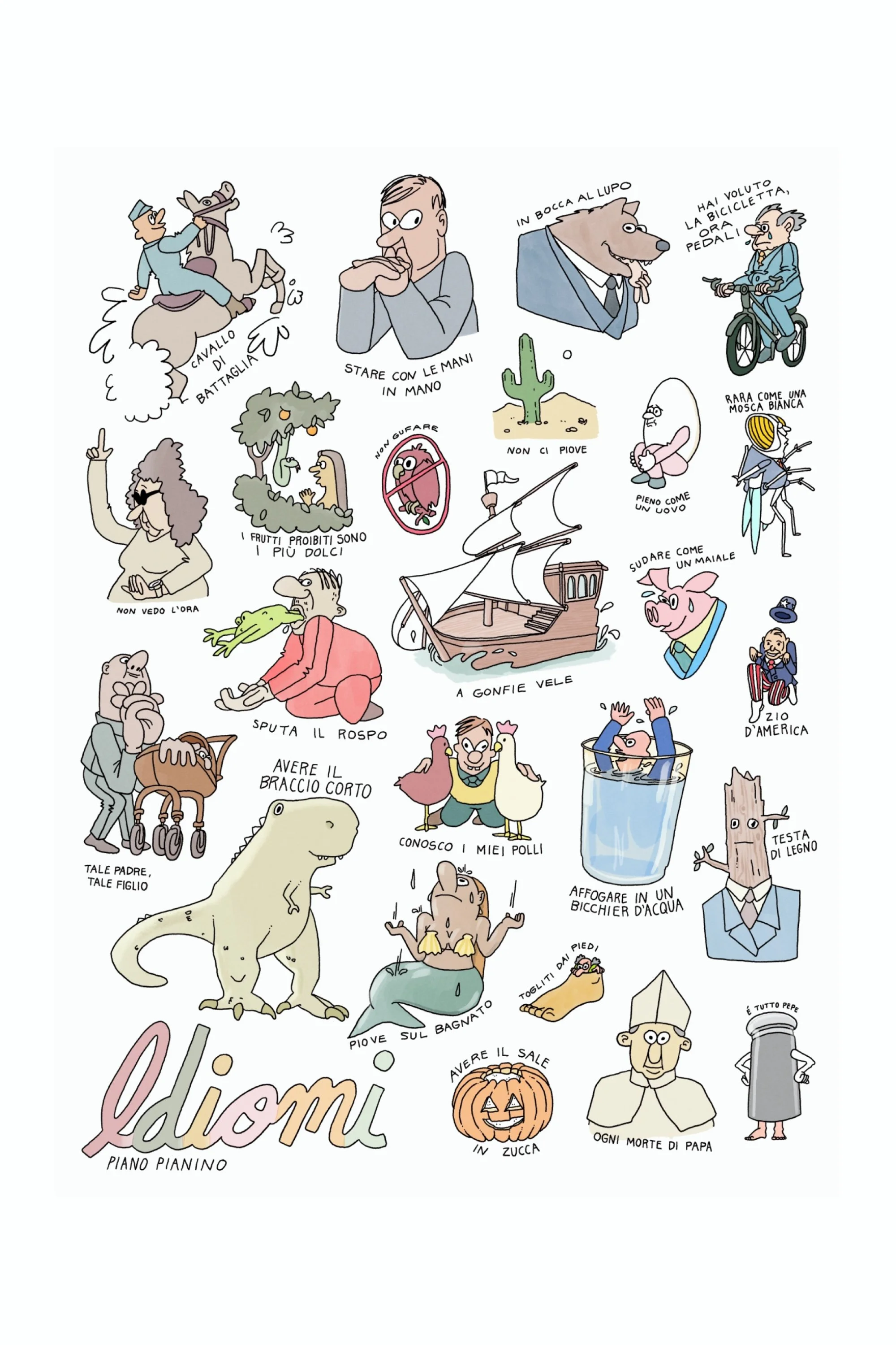 Idiomi Italian idioms poster by Piano Pianino featuring sayings like "in bocca al lupo" illustrated literally