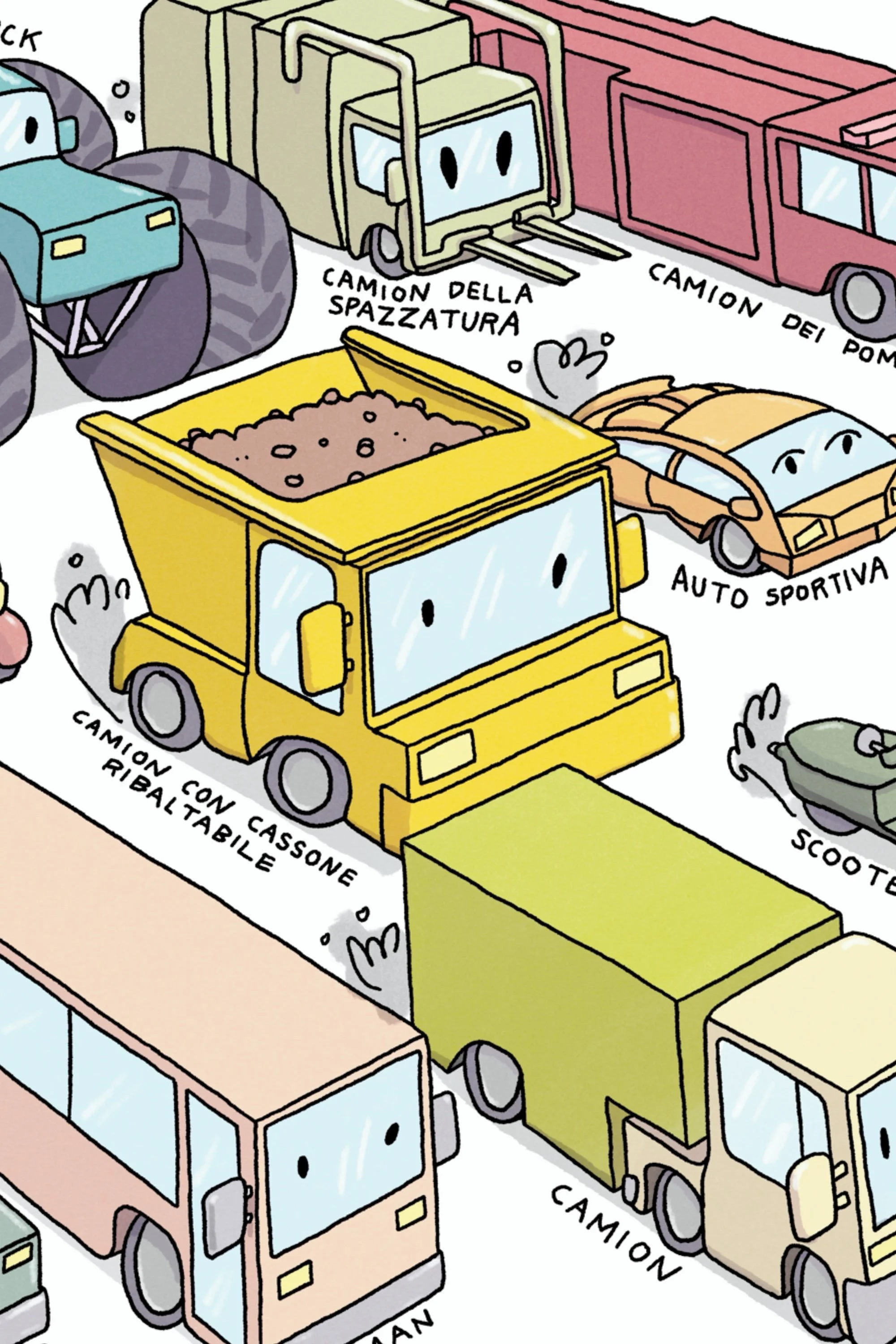 Close-up of Veicoli poster showing illustrated Italian vehicle words for kids and language learning