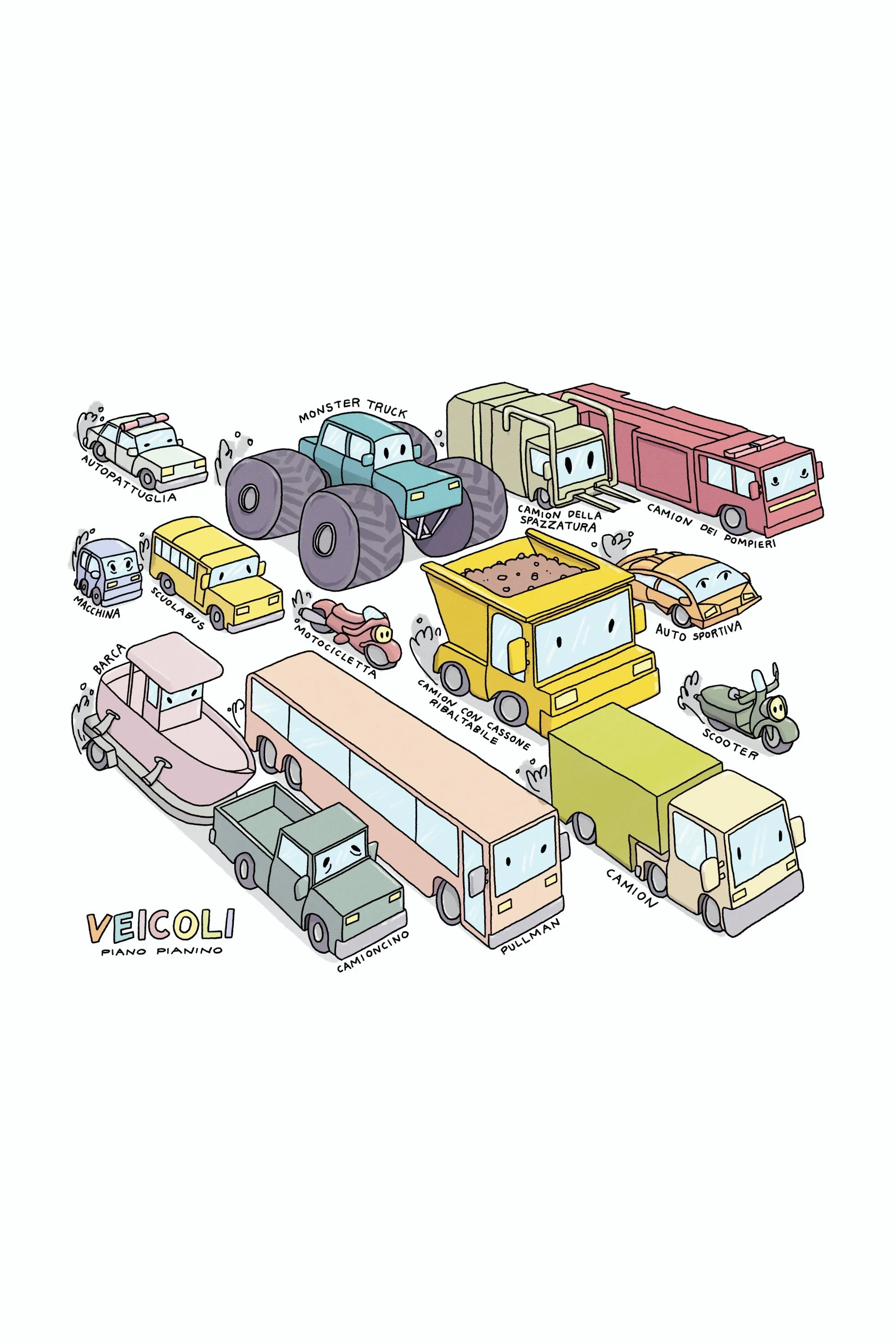 Veicoli Italian language poster by Piano Pianino featuring vehicles like autopattuglia, barca, scuolabus, motocicletta, and auto sportiva