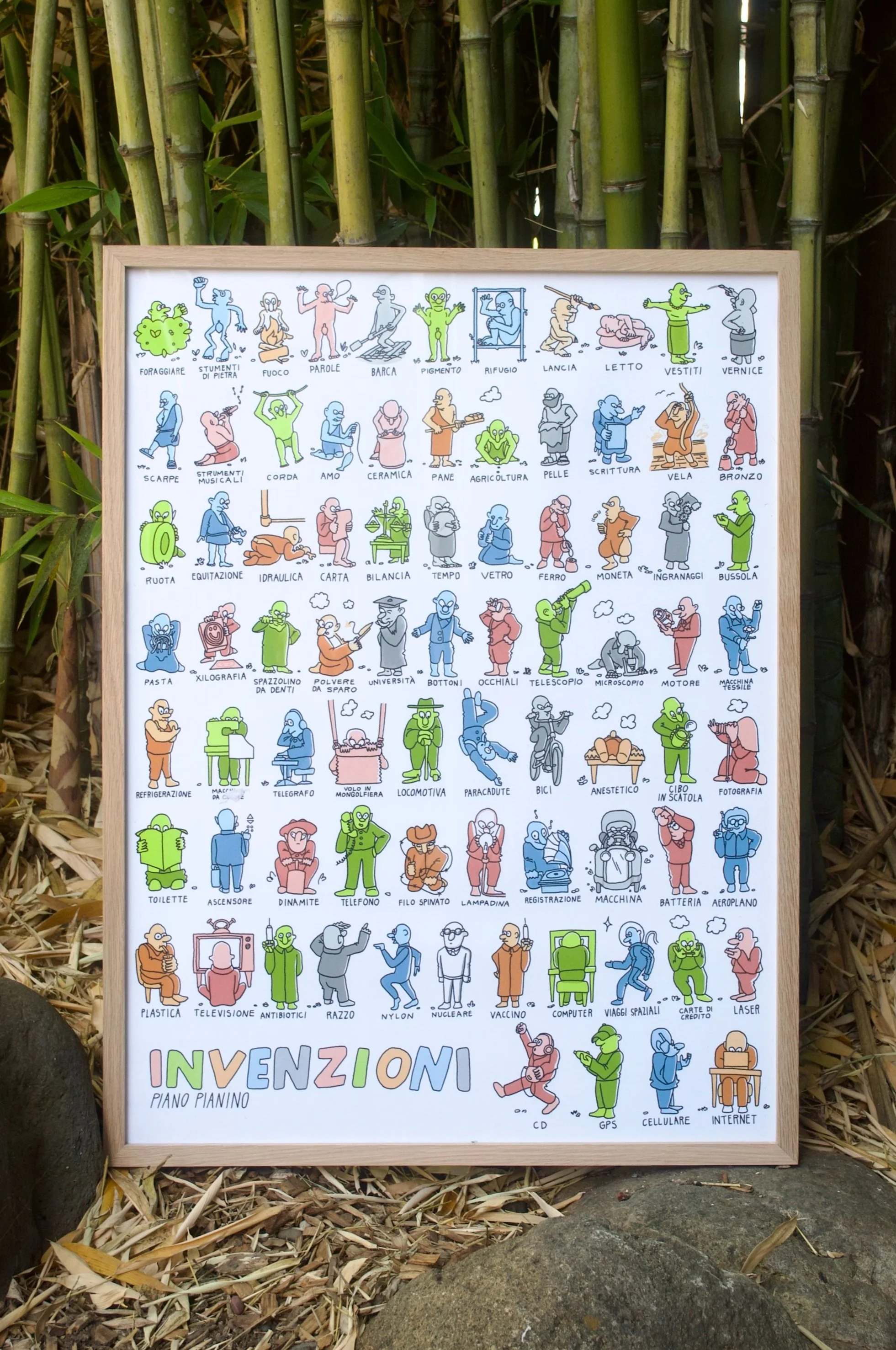 Invenzioni poster displayed on a wall, Italian inspired illustrated art celebrating creative inventions and language learning