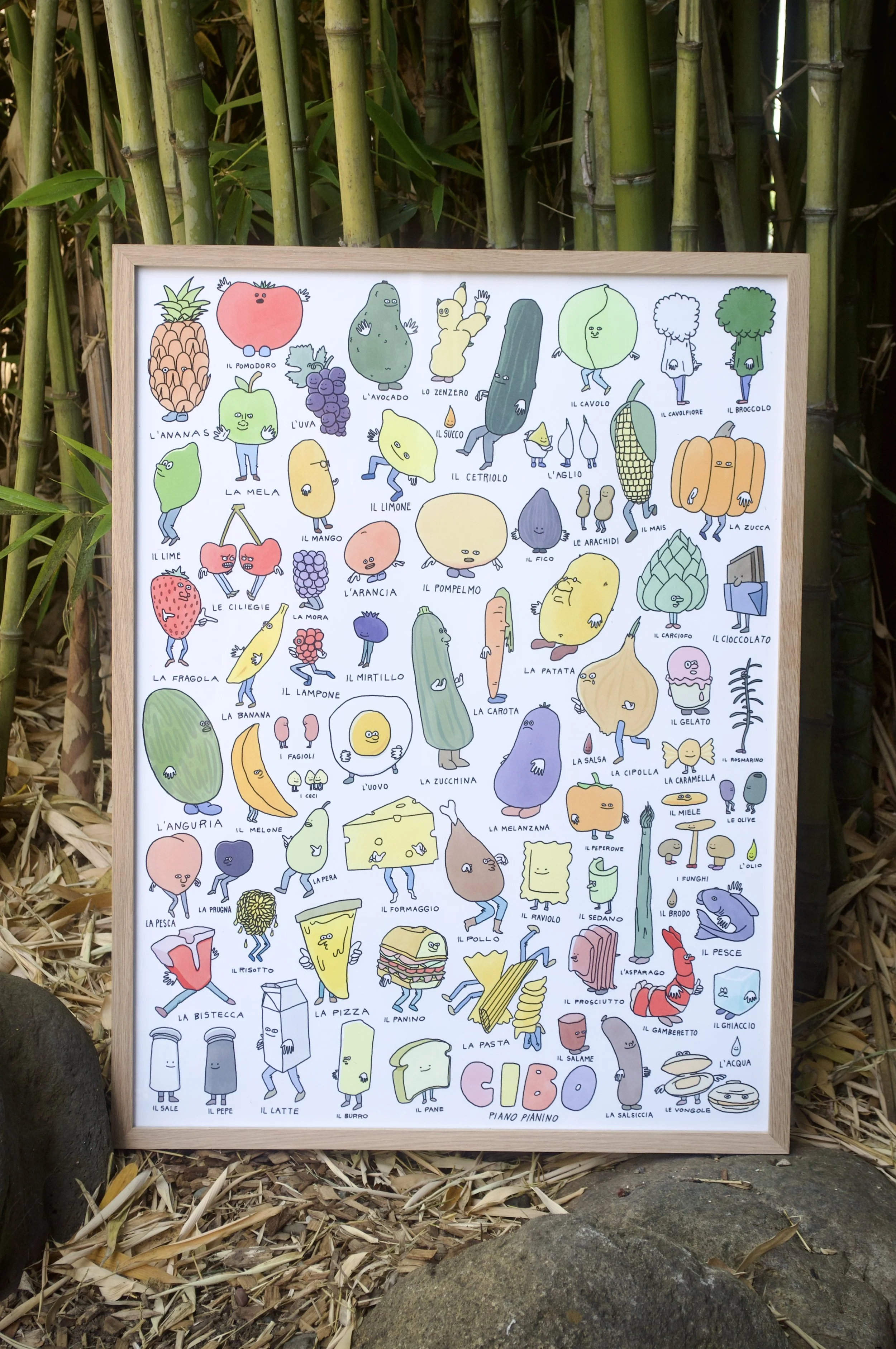 CIBO poster displayed at home, Italian-inspired illustrated food art for children and playful learning