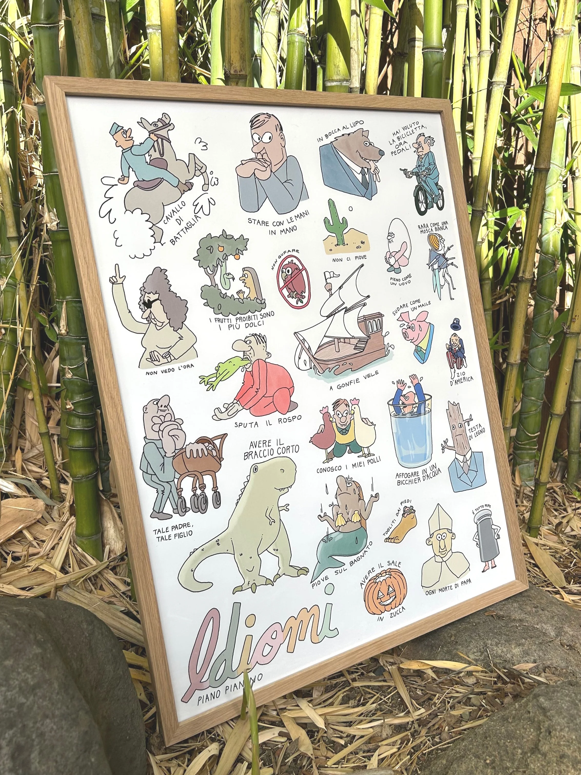 Idiomi Italian idioms poster displayed on a wall, illustrated language learning art for children and learners.