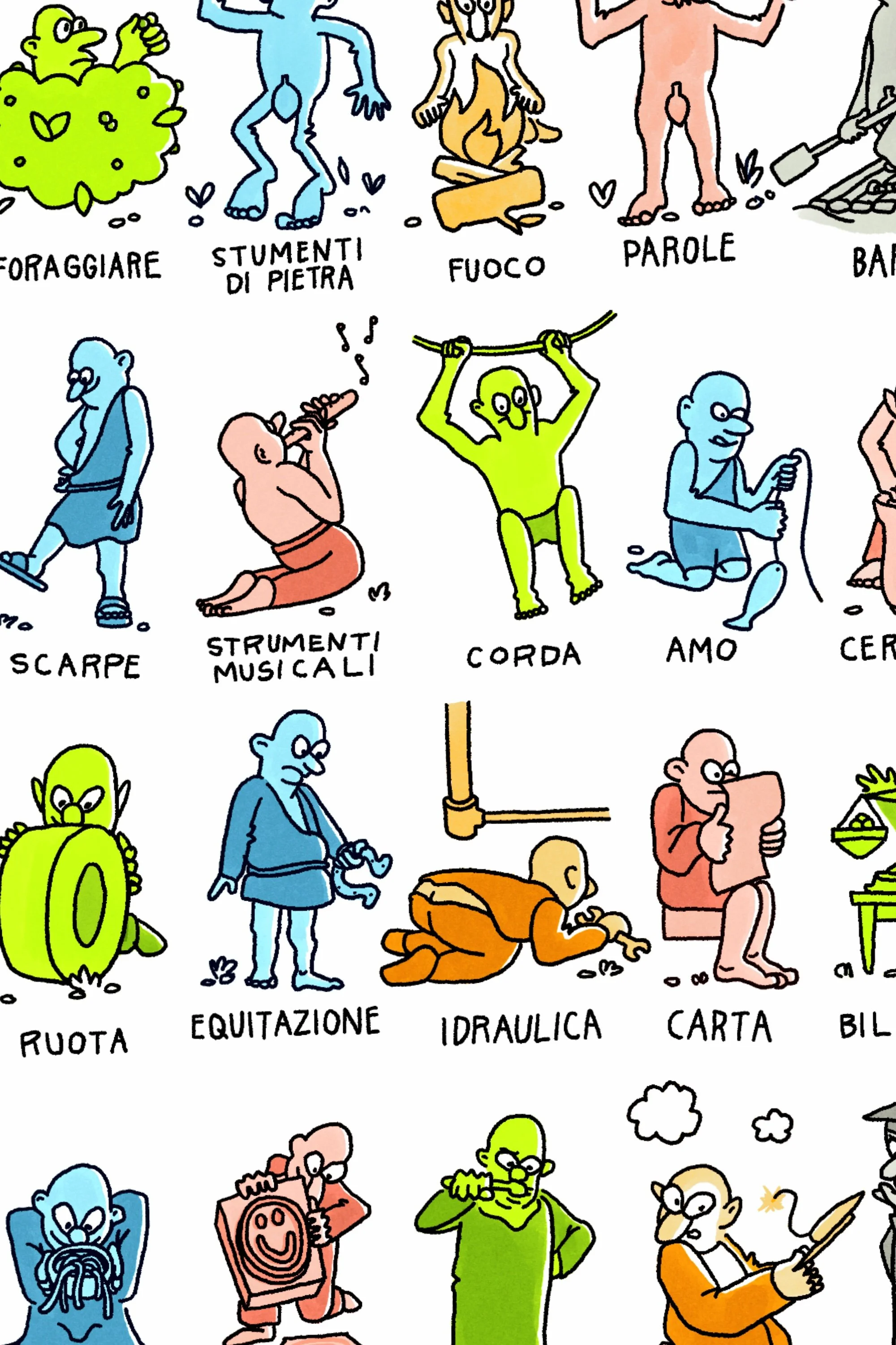 Detail of Invenzioni poster showing illustrated Italian words and invention themed drawings for language learning