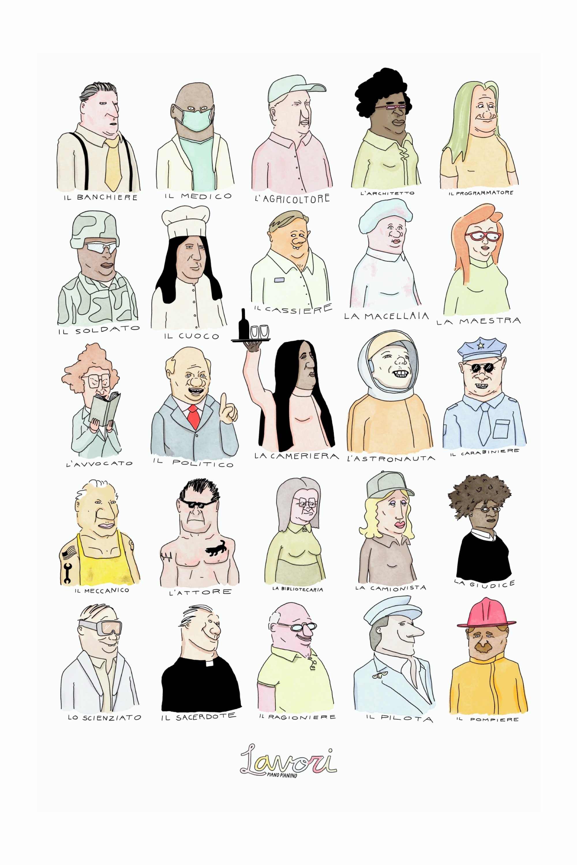 Lavori Italian jobs poster by Piano Pianino with illustrated Italian profession words like medico, cuoco, astronauta, meccanico, and pilota