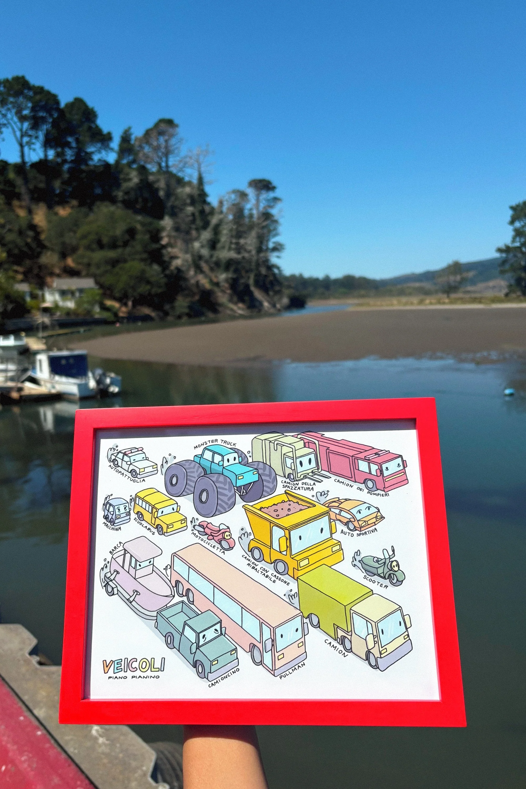 Veicoli poster displayed, Italian-inspired illustrated art teaching vehicle words to children