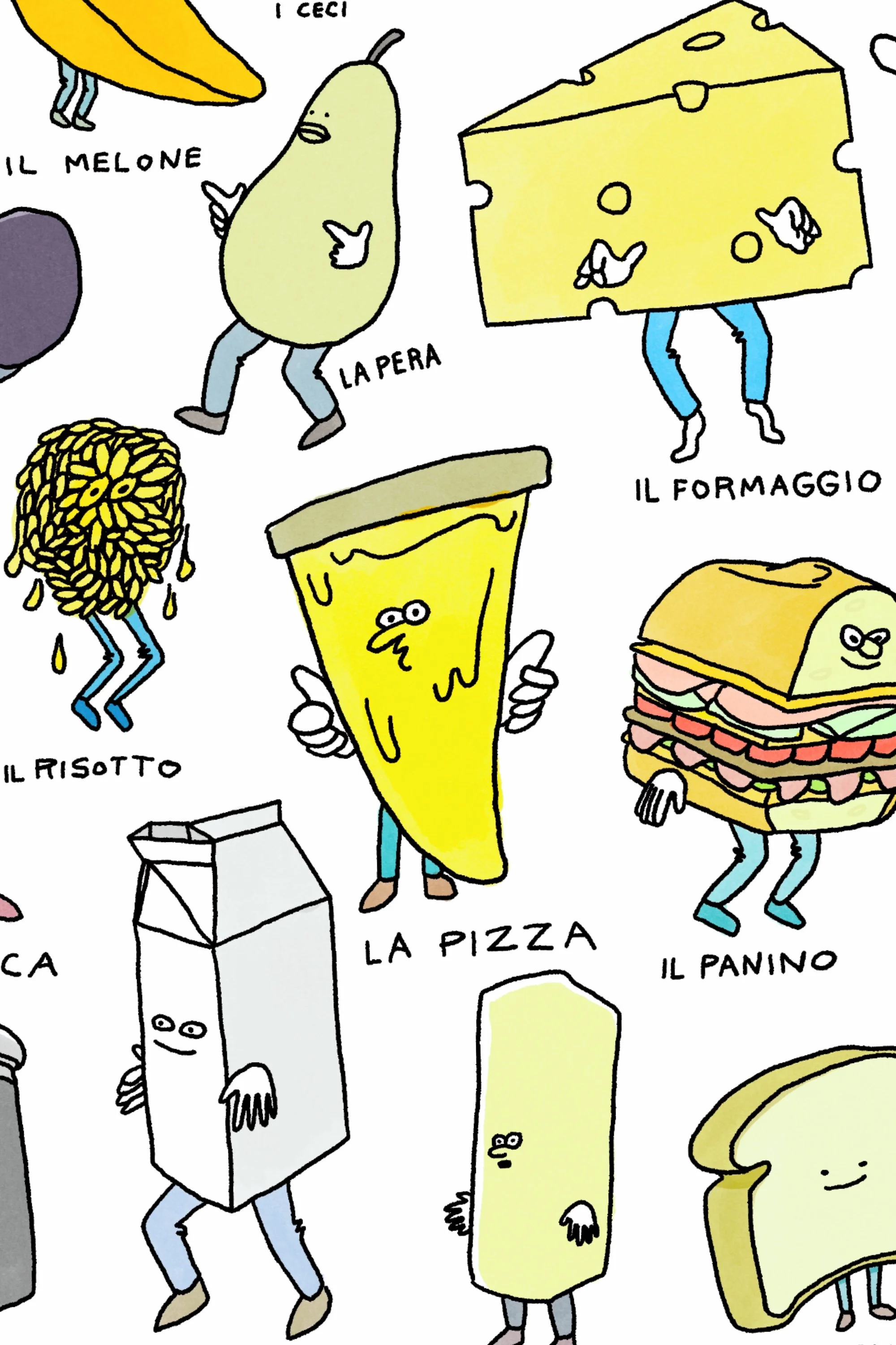 Close-up of CIBO poster showing illustrated Italian food words for kids and language learning