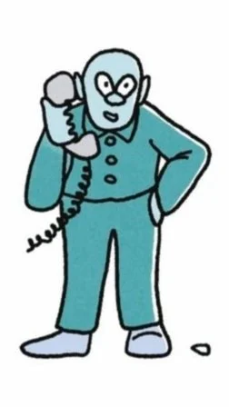 Cartoon illustration of a person with glasses talking on a corded phone, wearing teal clothing.