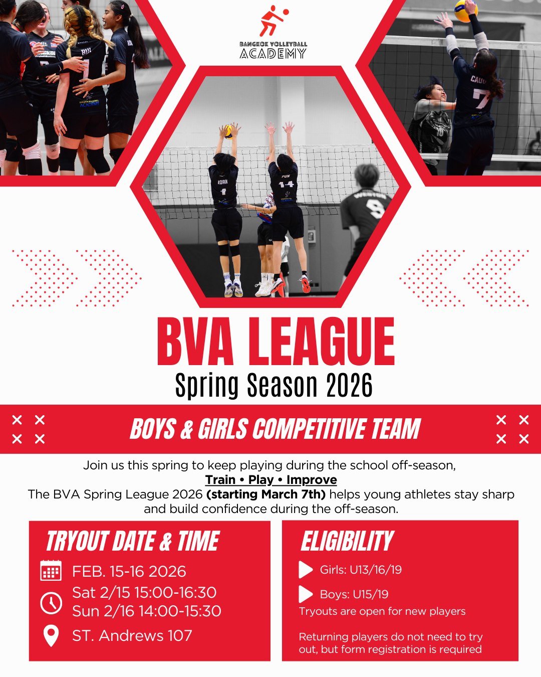 🏐 BVA League Competition Teams &ndash; 2026 Season Tryouts Open

Bangkok Volleyball Academy League teams represent BVA in competitive tournaments and matches throughout the season. Players selected into league squads train in a structured environmen