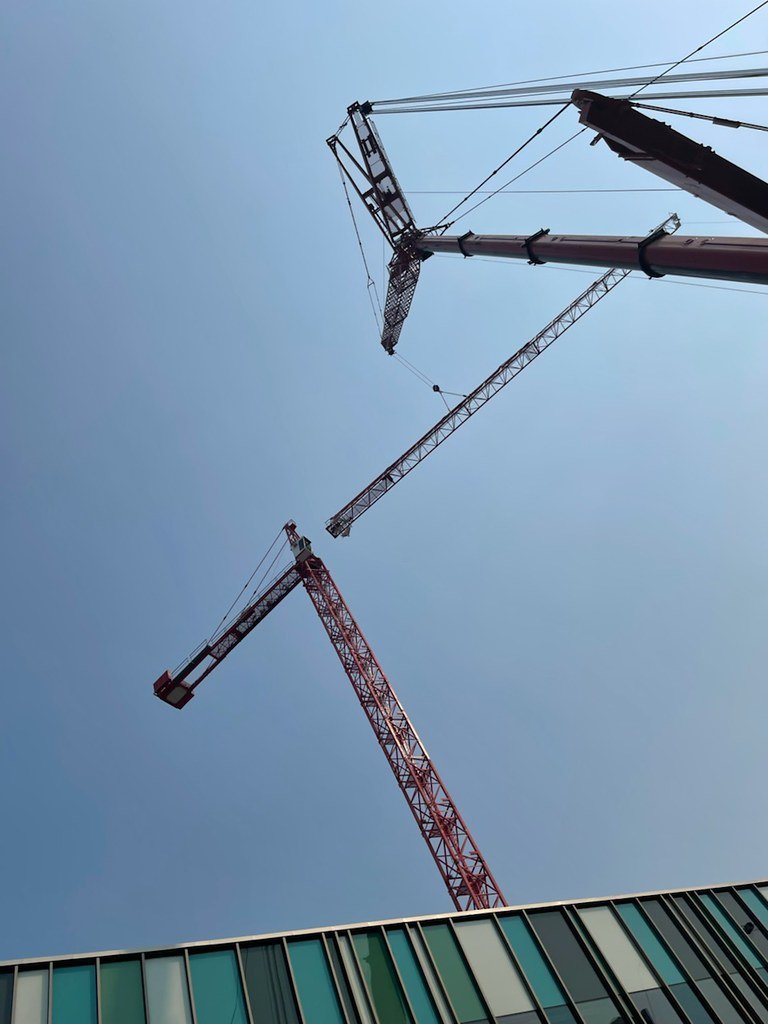Looking up at two construction cranes against a clear blue sky, with a building with glass windows at the bottom edge.