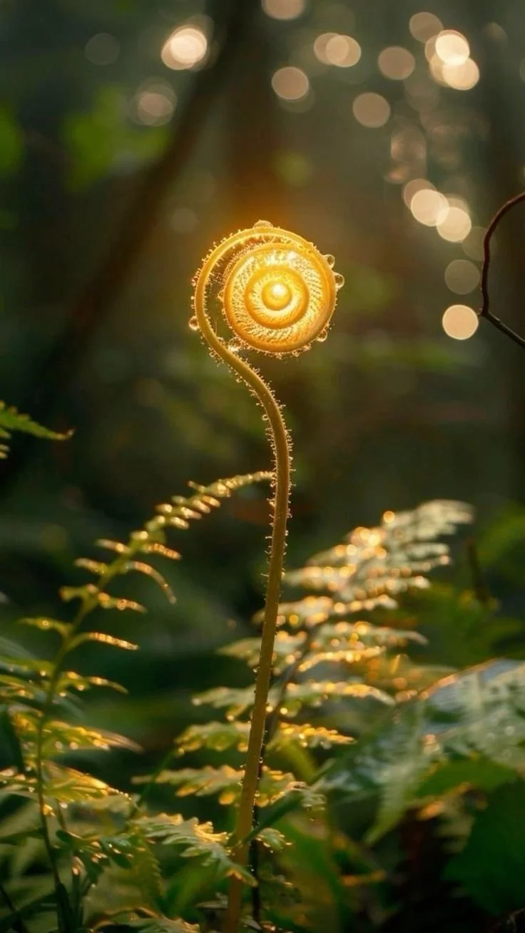 A close-up of a green fern frond curling into a spiral, backlit by sunlight creating a glowing effect on the fern's fronds and a bokeh background of soft, out-of-focus light spots.