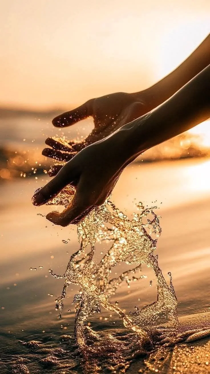 Close-up of two hands playing with water at sunset on the beach, with water splashing and glowing in the sunlight.