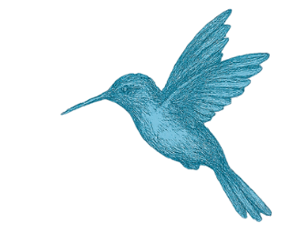 A blue hummingbird in flight with wings spread.