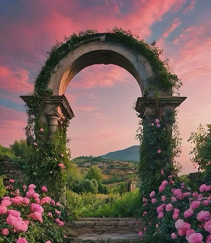 A stone archway adorned with pink roses and green vines, overlooking a scenic landscape of rolling hills and a colorful sunset sky.