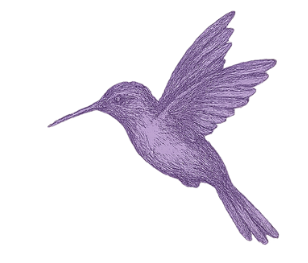 A purple embroidered hummingbird in flight.