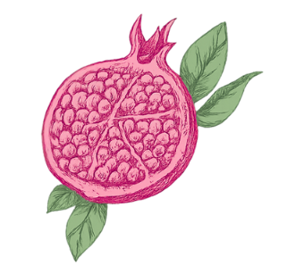 Illustration of a pomegranate fruit with green leaves.