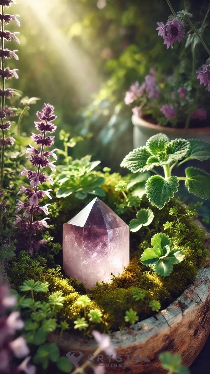 A pinkish-purple crystal in a garden surrounded by green plants and flowers with sunlight shining through.