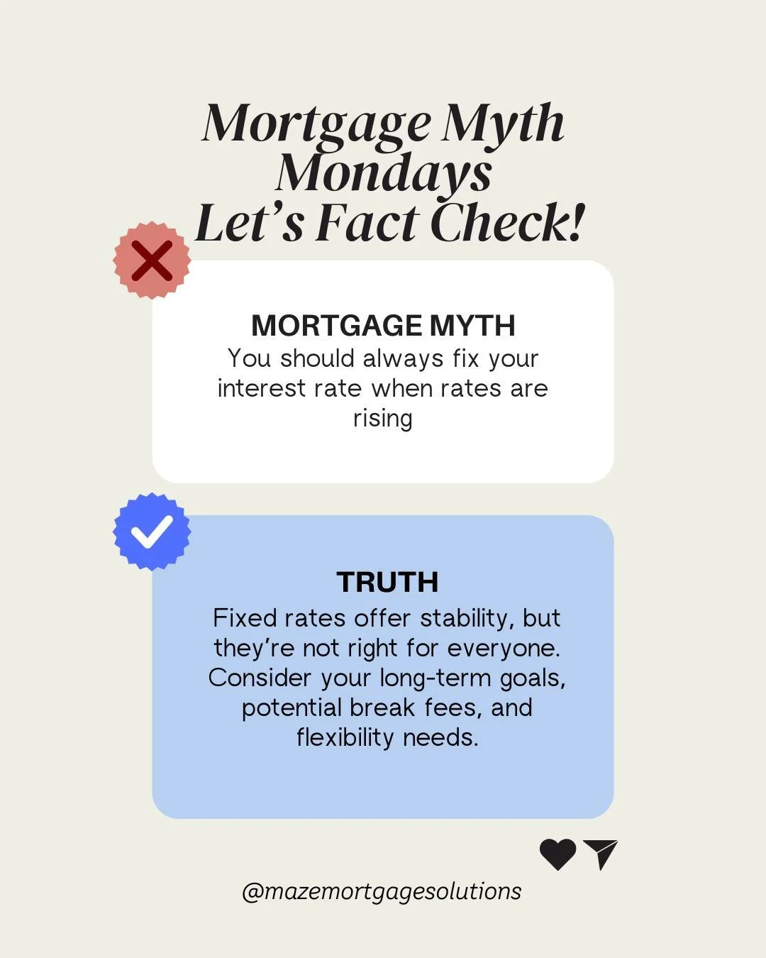 There isn't one solution that fits all scenarios when it comes to mortgages.
That is why its always helpful to talk to someone who lives and breathes this stuff daily. 

#mortgagemyths #mortgagebrokeraustralia #mortgagetips #mazemortgagesolutions