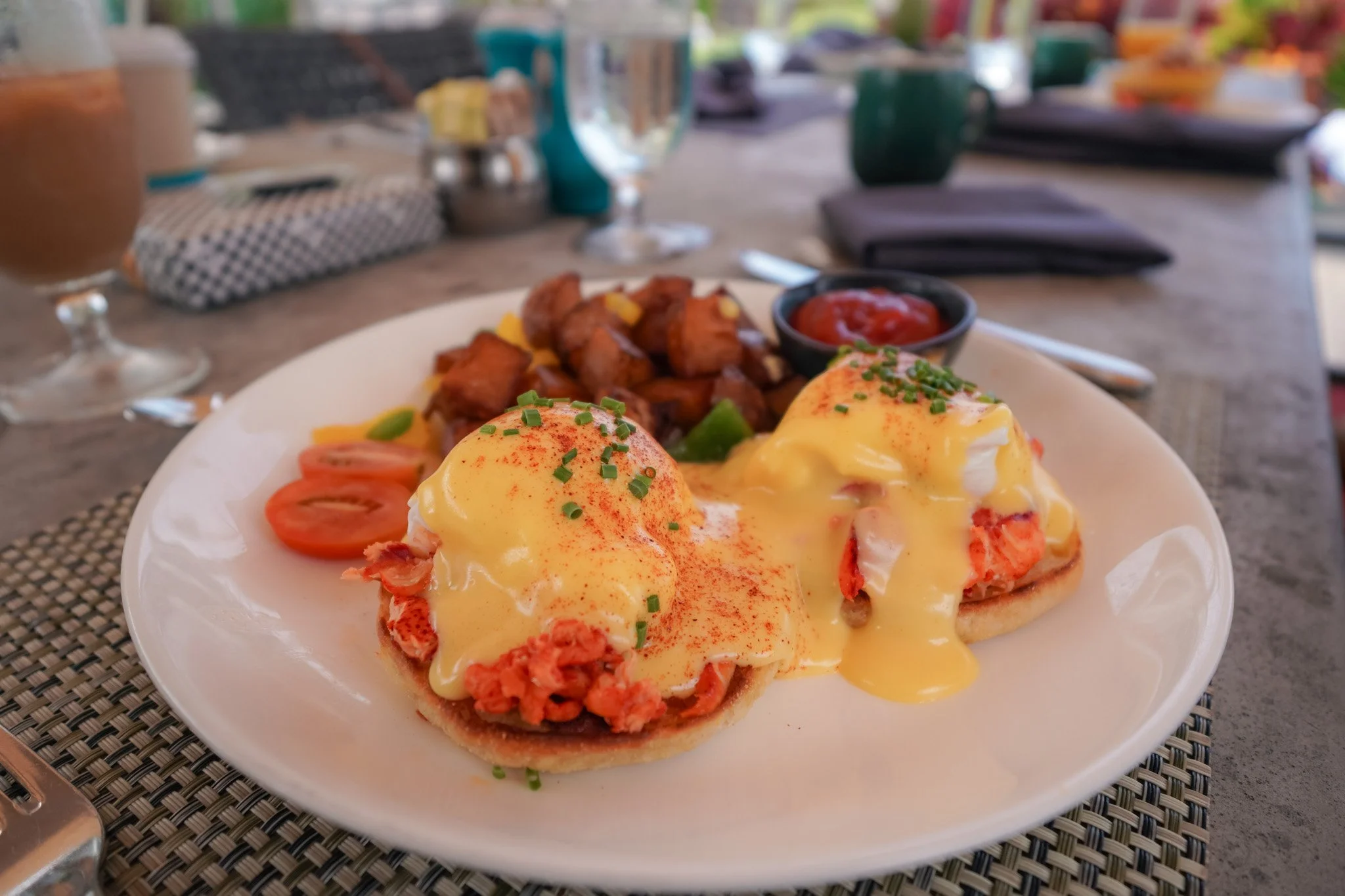 Lobster eggs Benedict at Orchid Court with breakfast potatoes