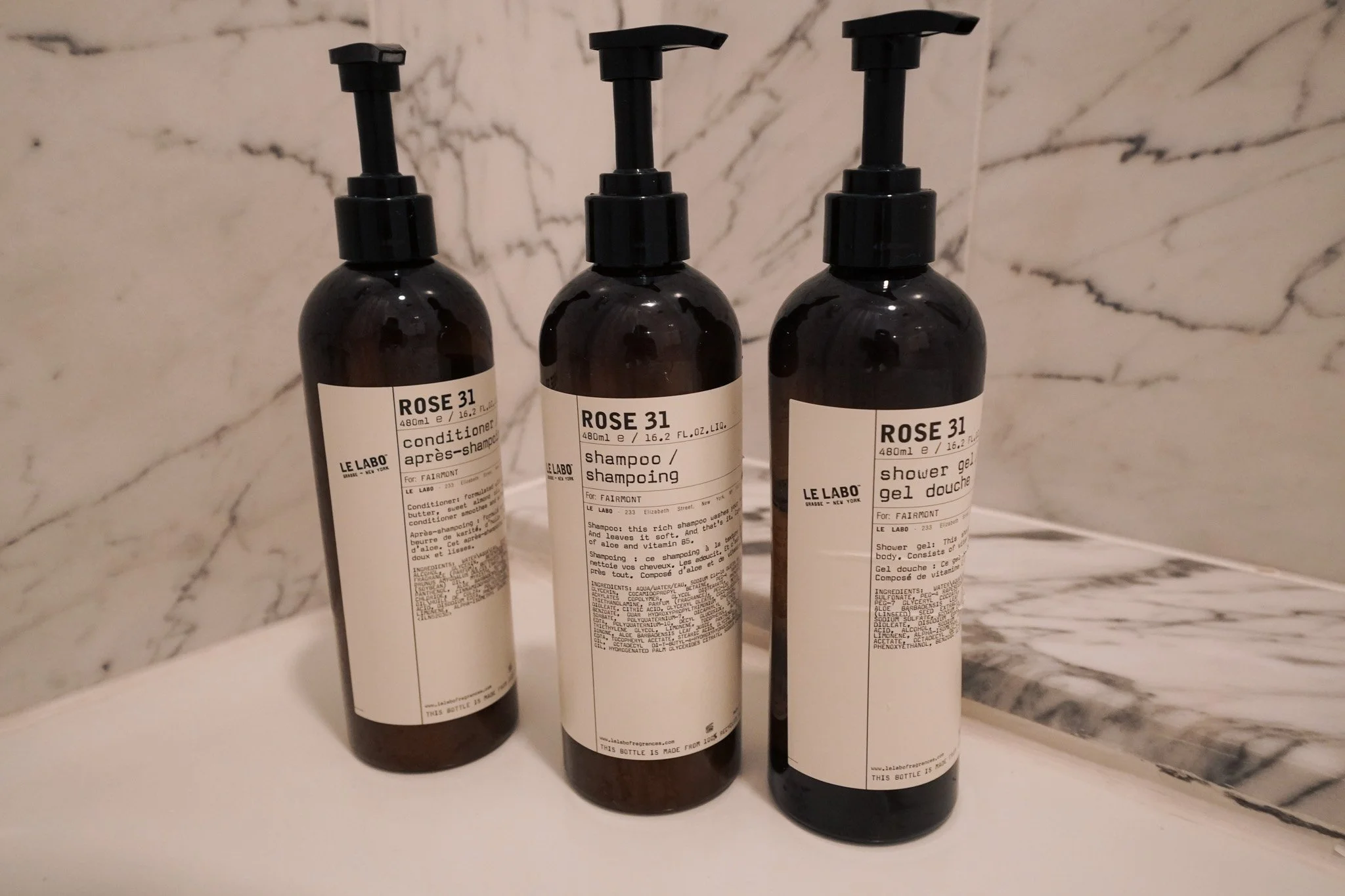 Le Labo Rose 31 shampoo, conditioner, and shower gel in the Fairmont Orchid suite bathroom