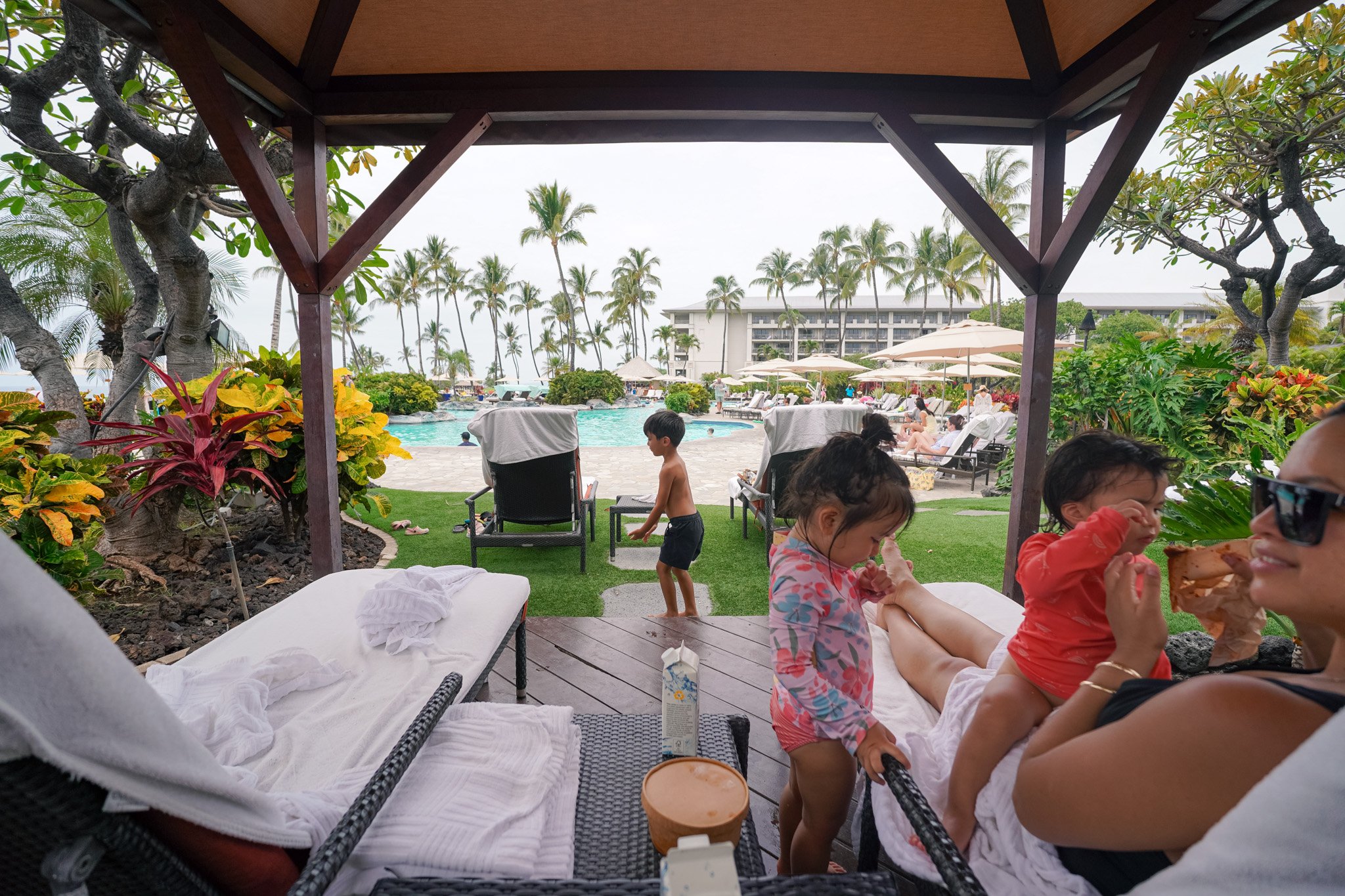 The view from our poolside cabana looking out at the Fairmont Orchid pool